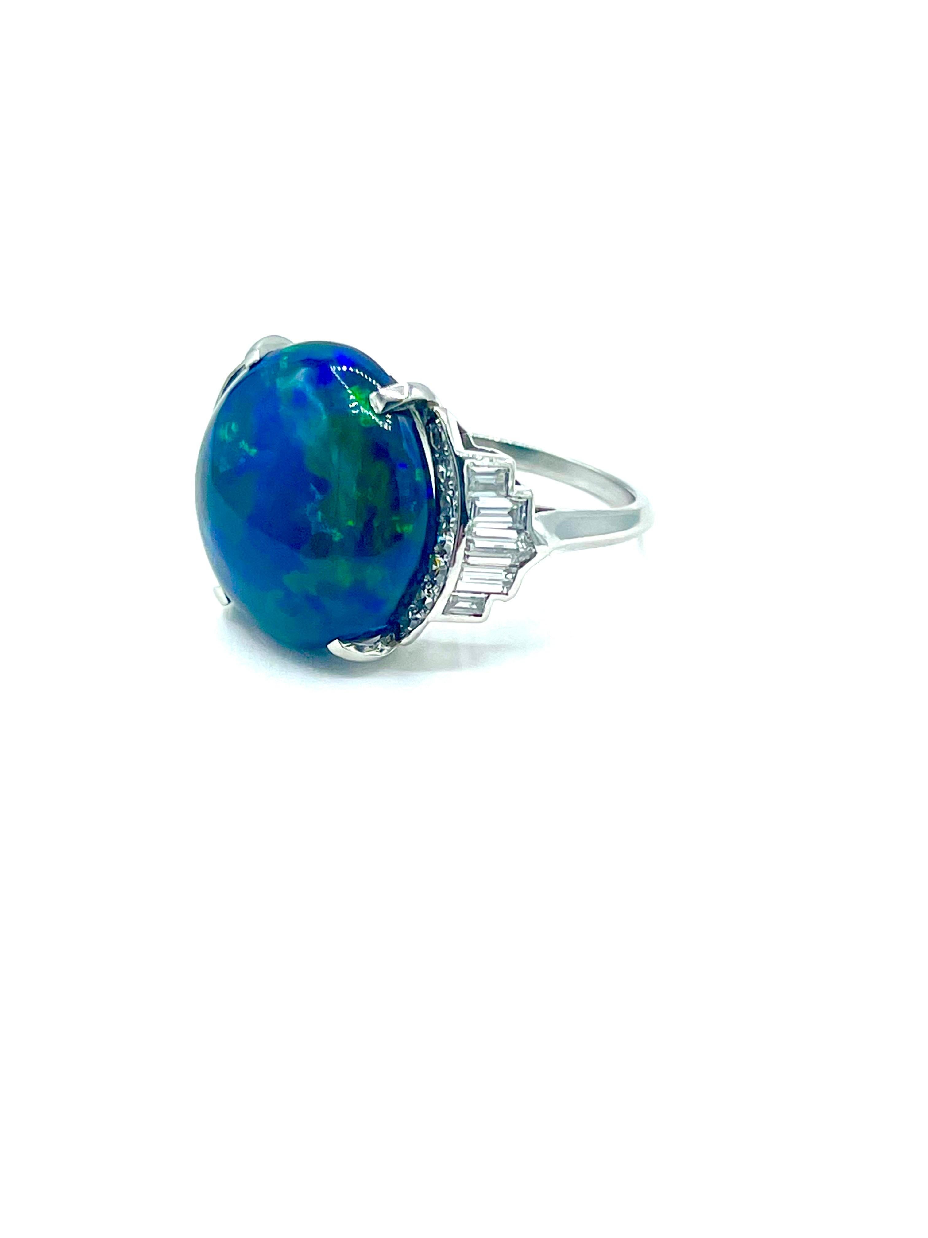 Art Deco 6.36 Carat Round Black Opal and Diamond Platinum Cocktail Ring For Sale