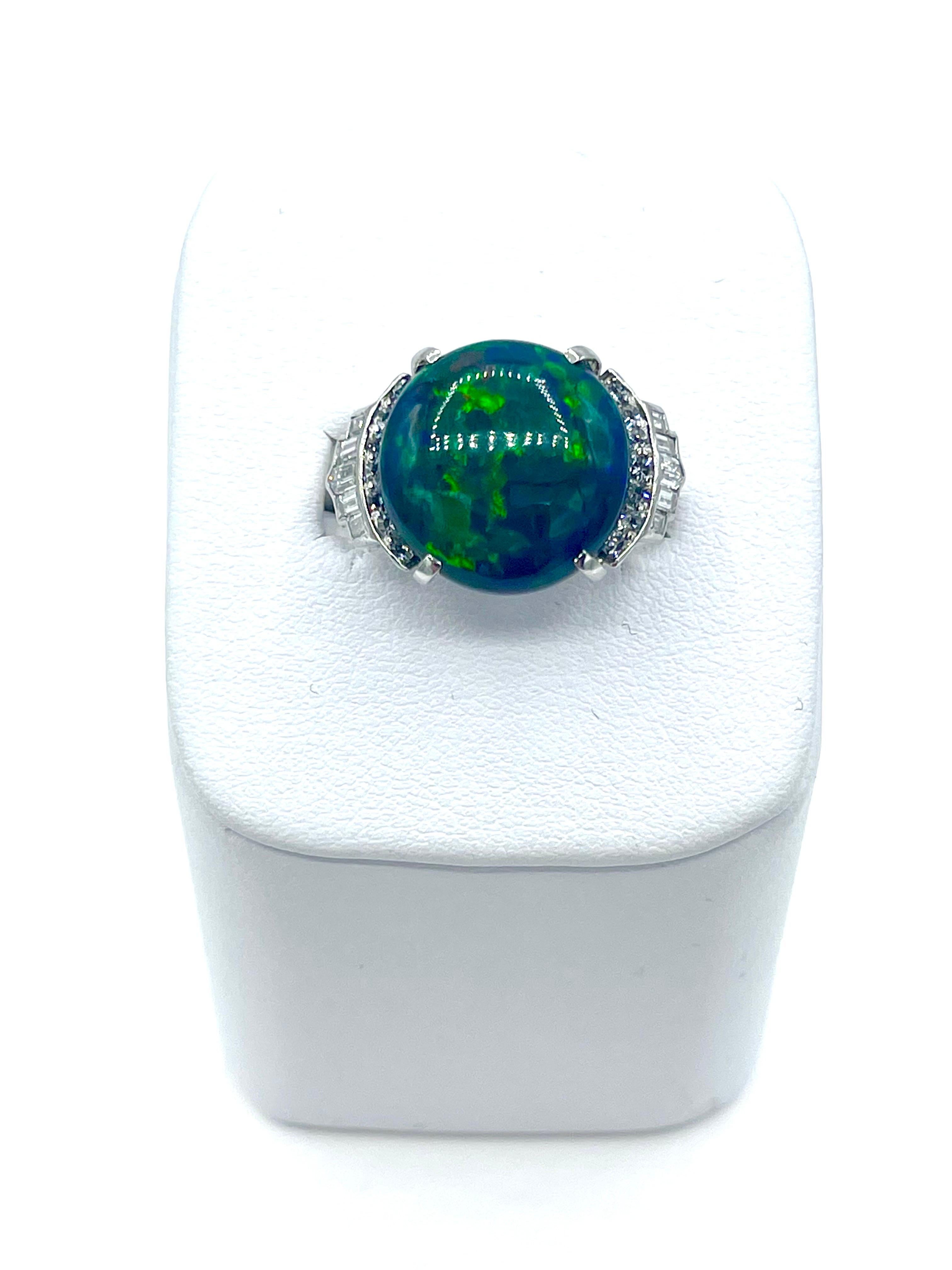 Women's or Men's 6.36 Carat Round Black Opal and Diamond Platinum Cocktail Ring For Sale