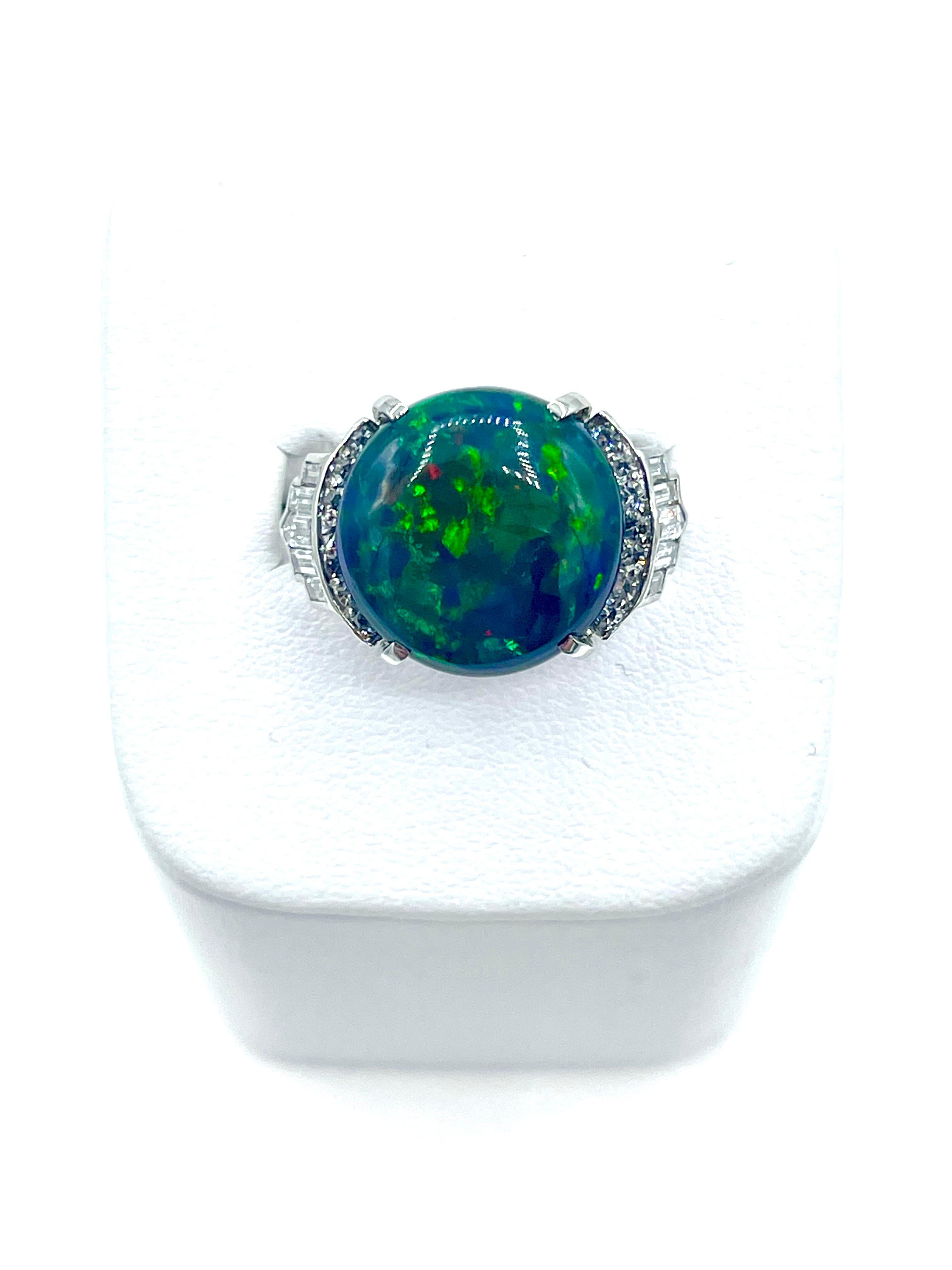 6.36 Carat Round Black Opal and Diamond Platinum Cocktail Ring For Sale 1