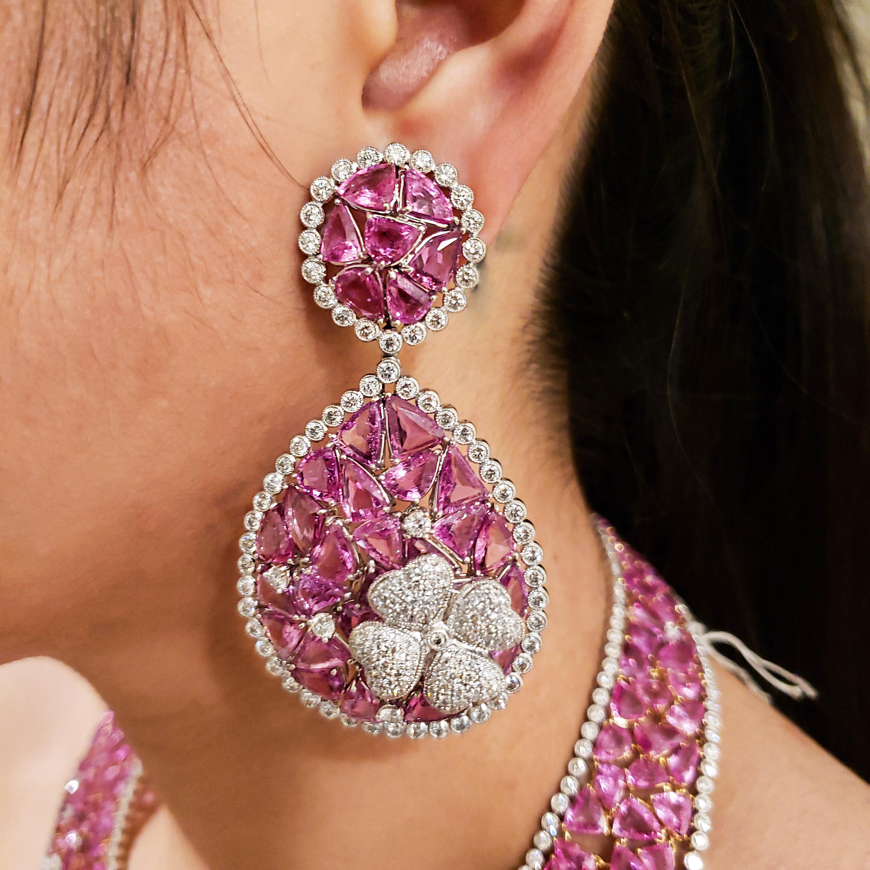Modern 63.60 Carat Mixed Cut Pink Sapphire and Diamond Clip-On Dangle Earrings For Sale