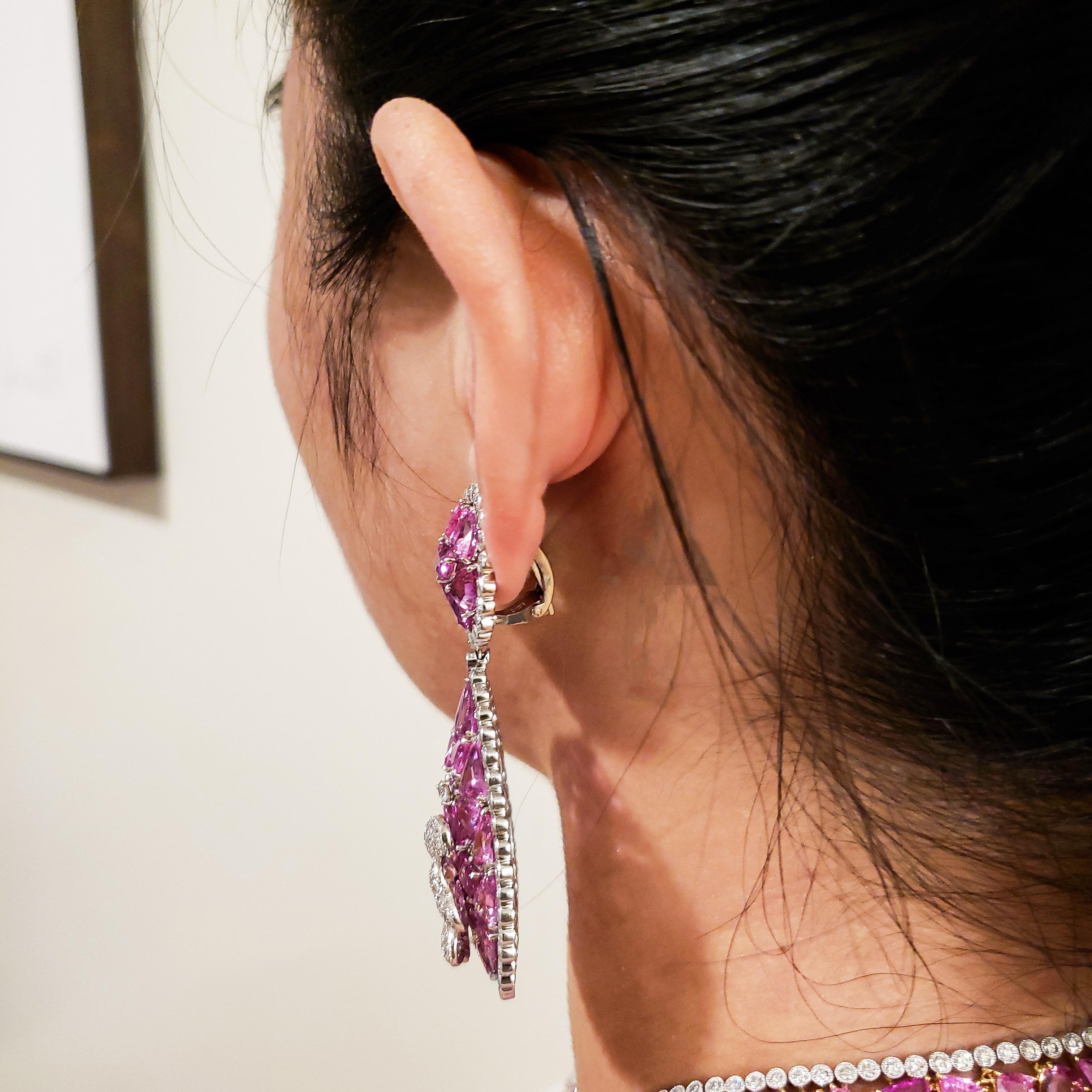 63.60 Carat Mixed Cut Pink Sapphire and Diamond Clip-On Dangle Earrings In New Condition For Sale In New York, NY