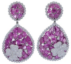 63.60 Carat Mixed Cut Pink Sapphire and Diamond Clip-On Dangle Earrings