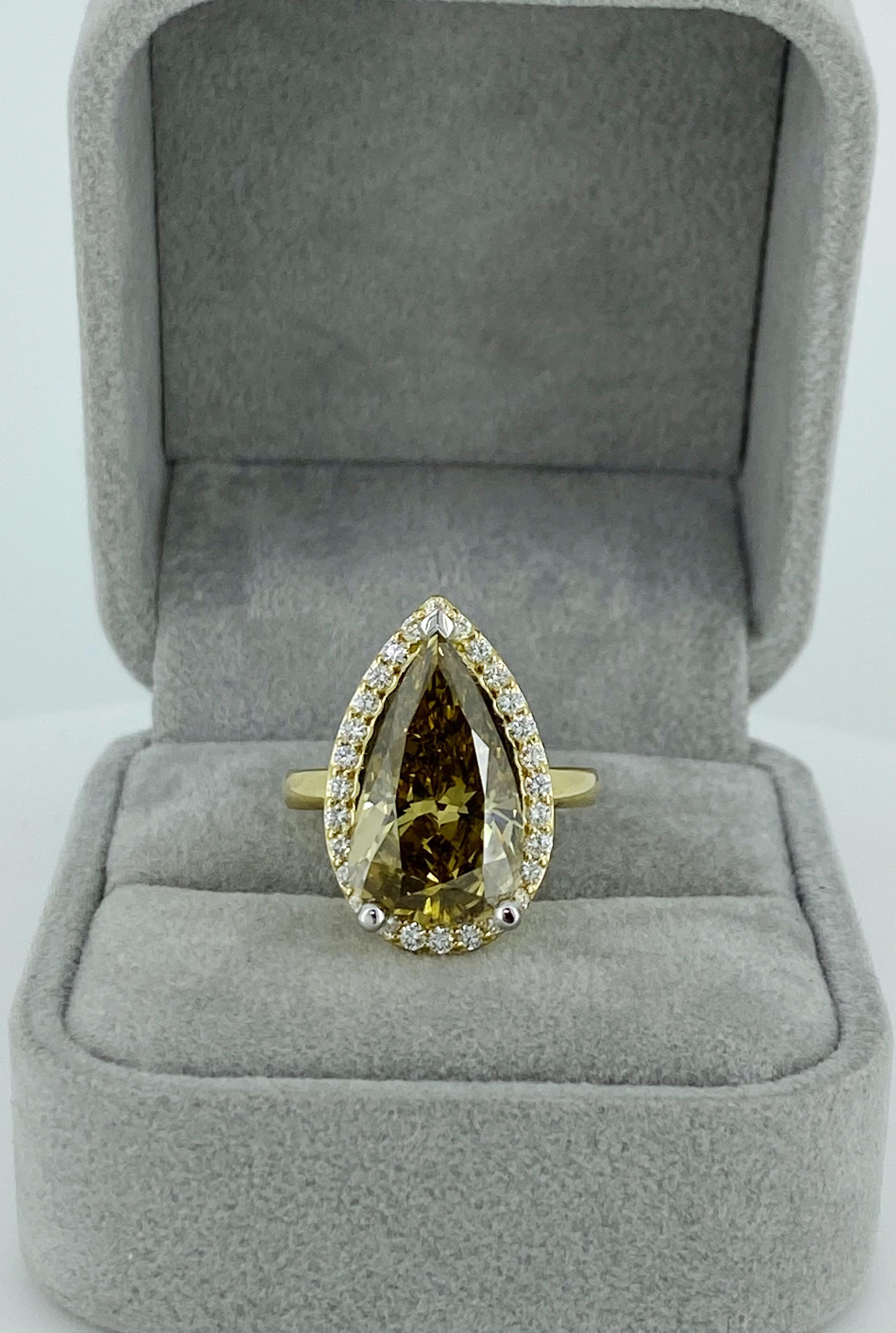 6.36ct Fancy Brownish Yellow Natural Pear Cut Diamond Ring in 18K Yellow Gold For Sale 6