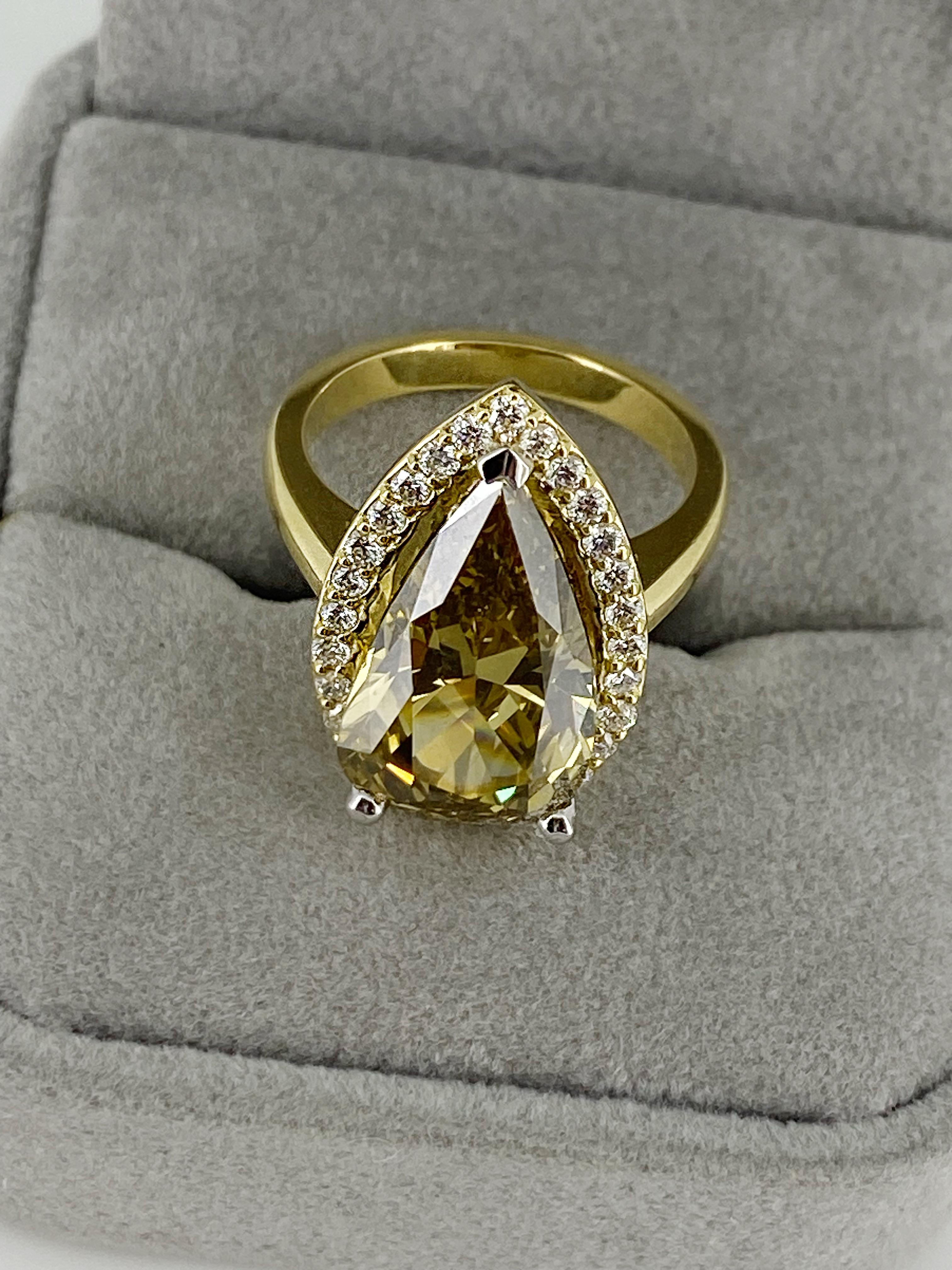 6.36ct Fancy Brownish Yellow Natural Pear Cut Diamond Ring in 18K Yellow Gold For Sale 7