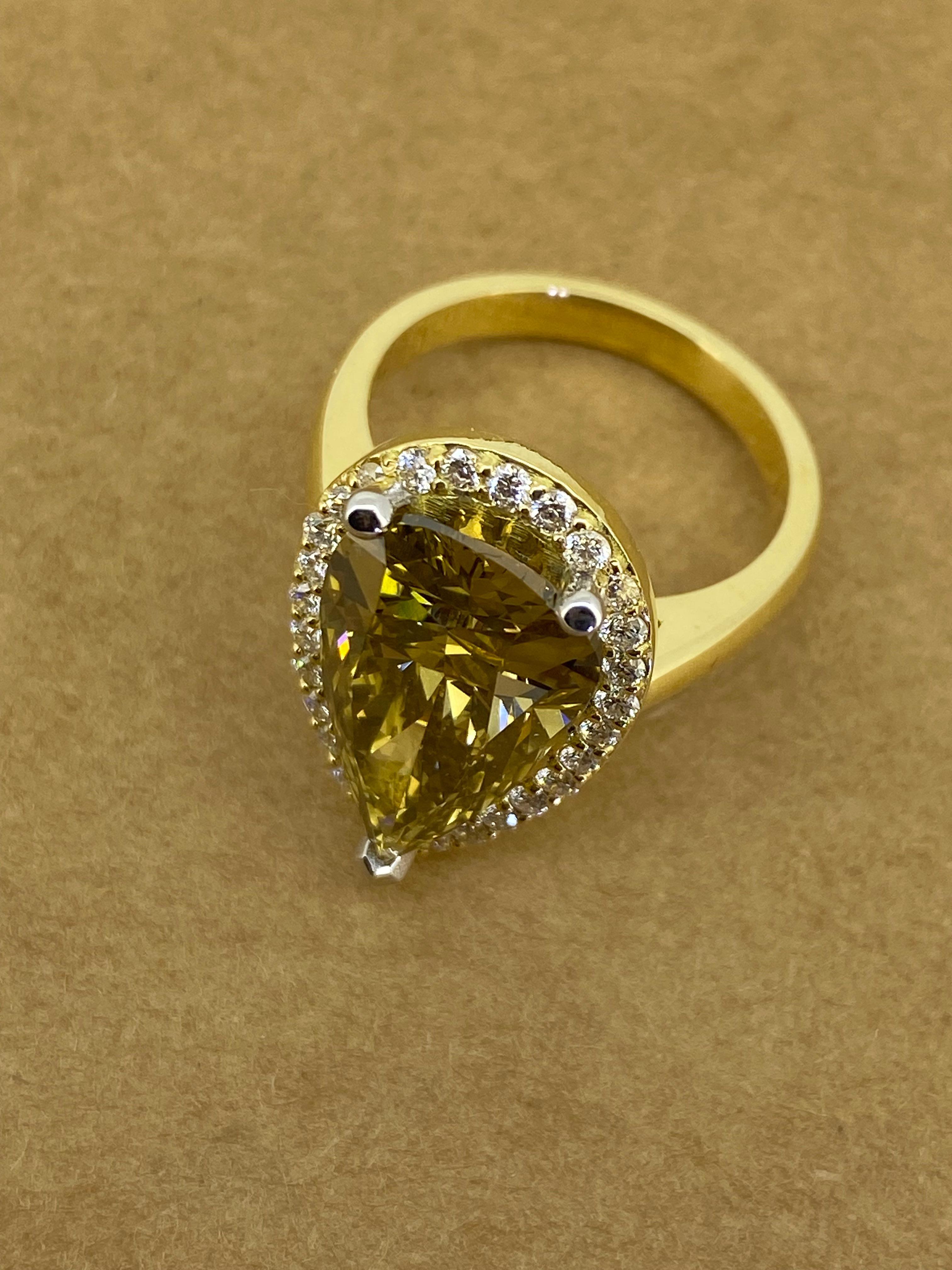 Women's 6.36ct Fancy Brownish Yellow Natural Pear Cut Diamond Ring in 18K Yellow Gold For Sale