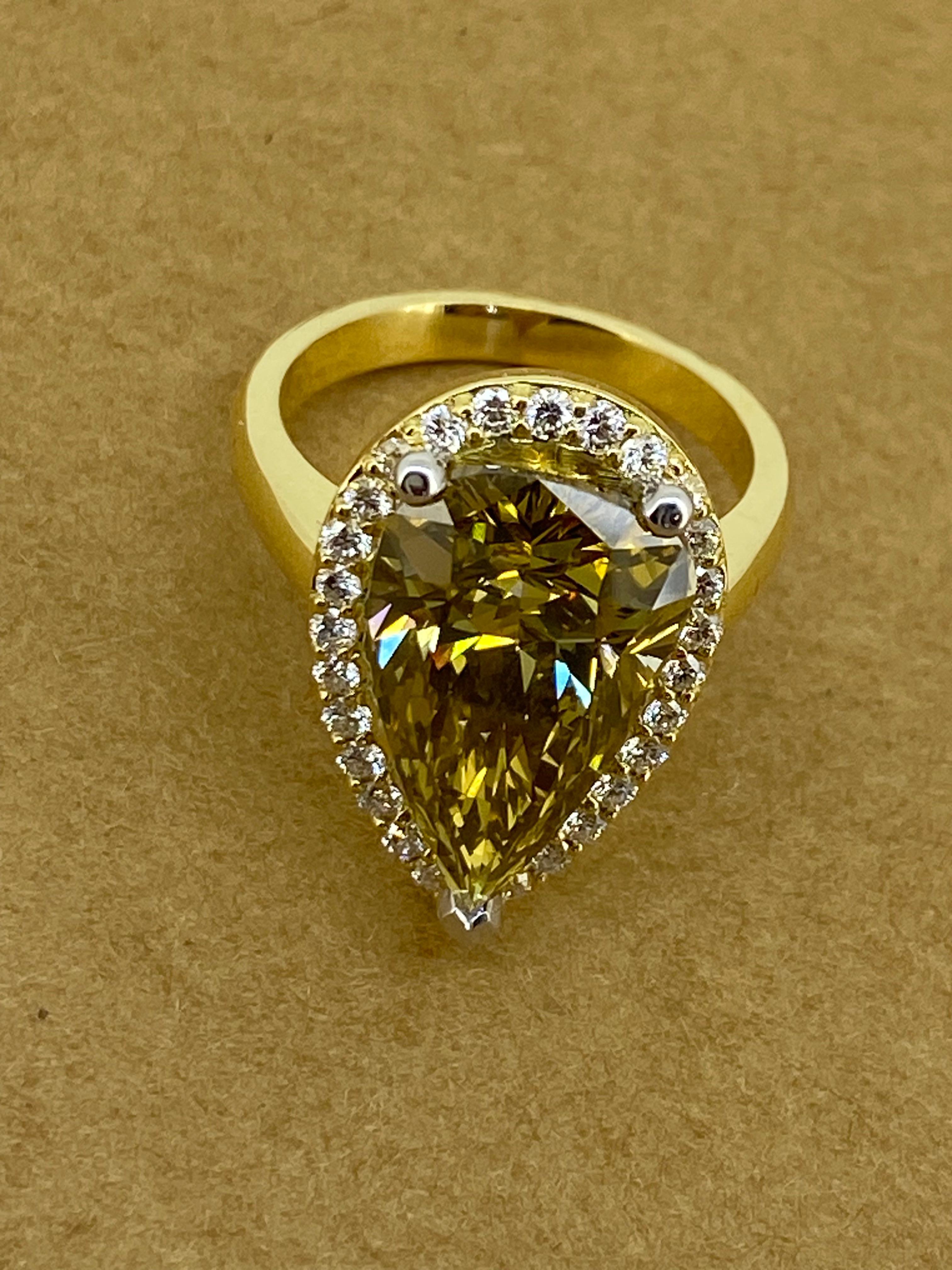 6.36ct Fancy Brownish Yellow Natural Pear Cut Diamond Ring in 18K Yellow Gold For Sale 1