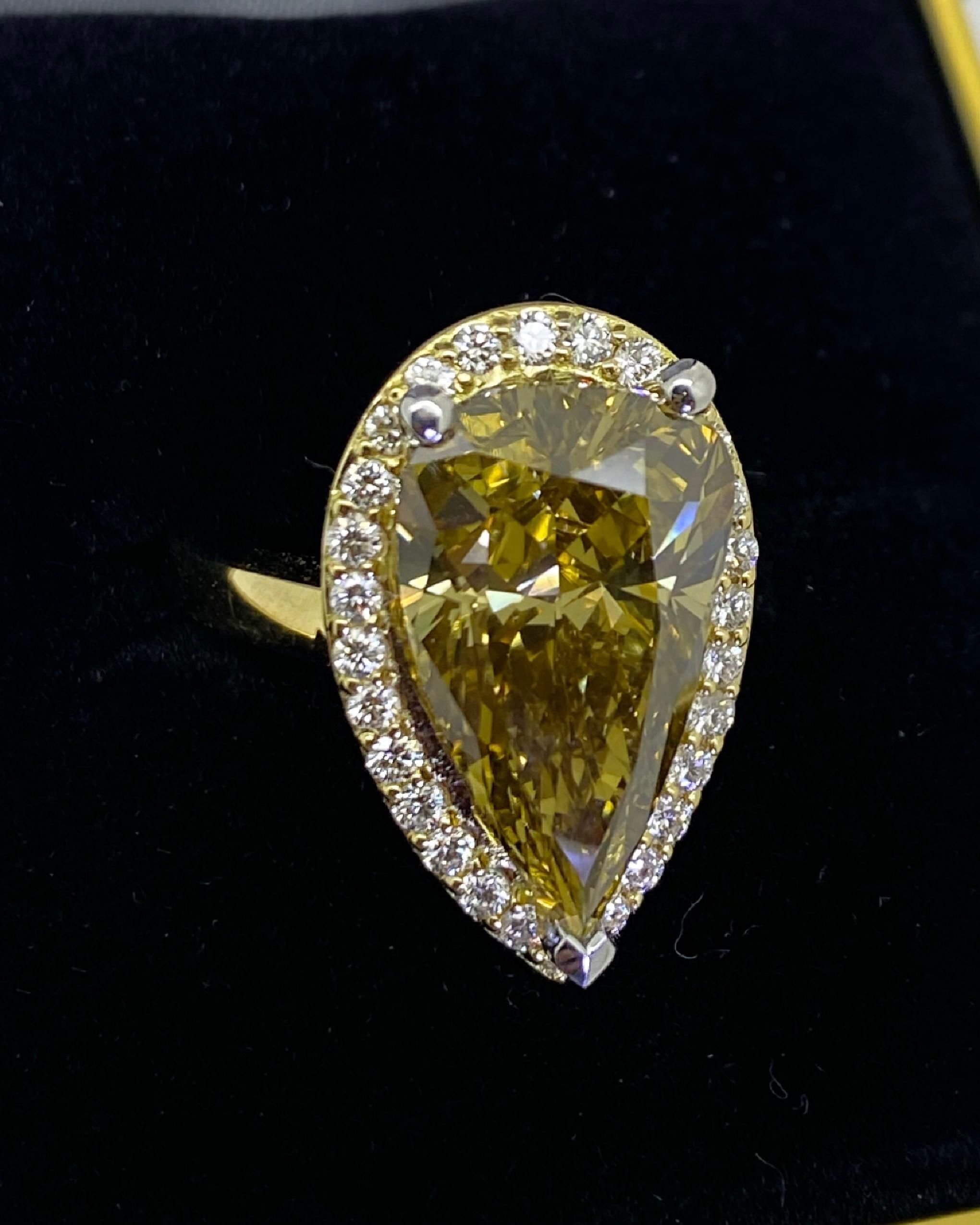 6.36ct Fancy Brownish Yellow Natural Pear Cut Diamond Ring in 18K Yellow Gold For Sale 3