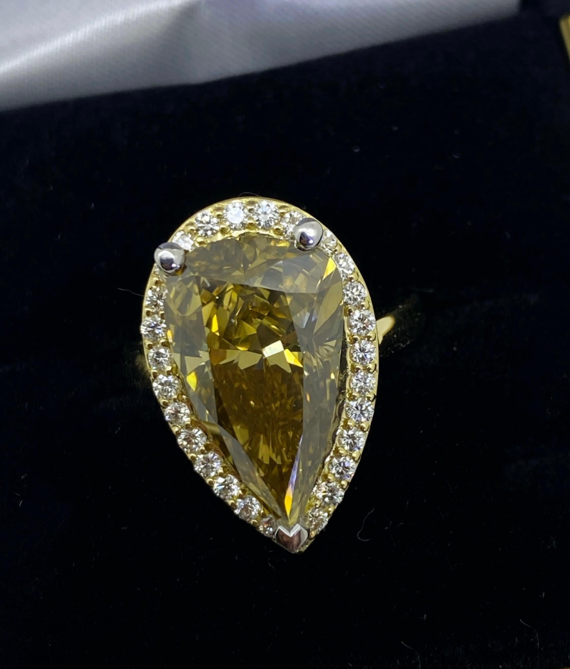 6.36ct Fancy Brownish Yellow Natural Pear Cut Diamond Ring in 18K Yellow Gold For Sale 4