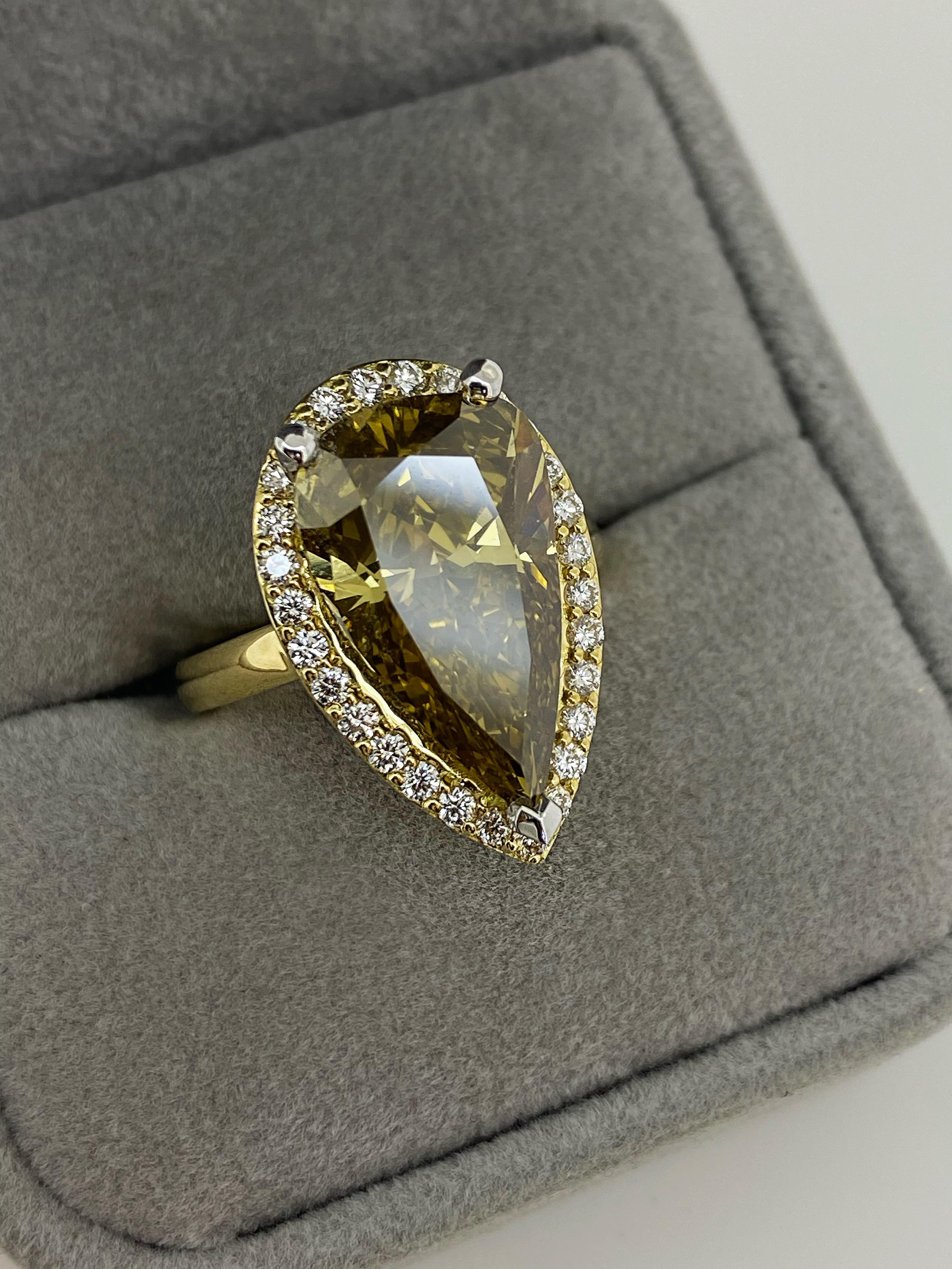 6.36ct Fancy Brownish Yellow Natural Pear Cut Diamond Ring in 18K Yellow Gold For Sale 5