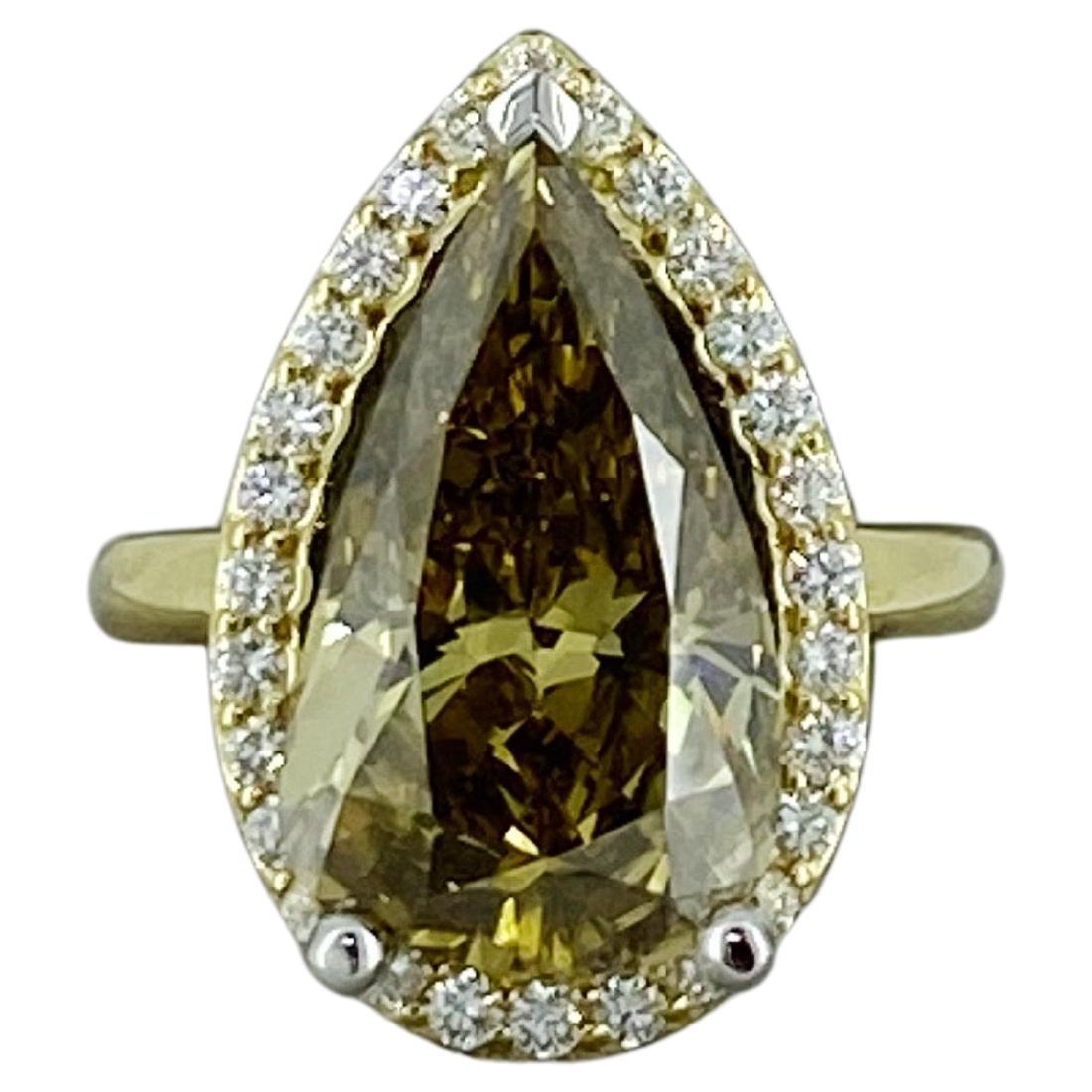 6.36ct Fancy Brownish Yellow Natural Pear Cut Diamond Ring in 18K Yellow Gold For Sale