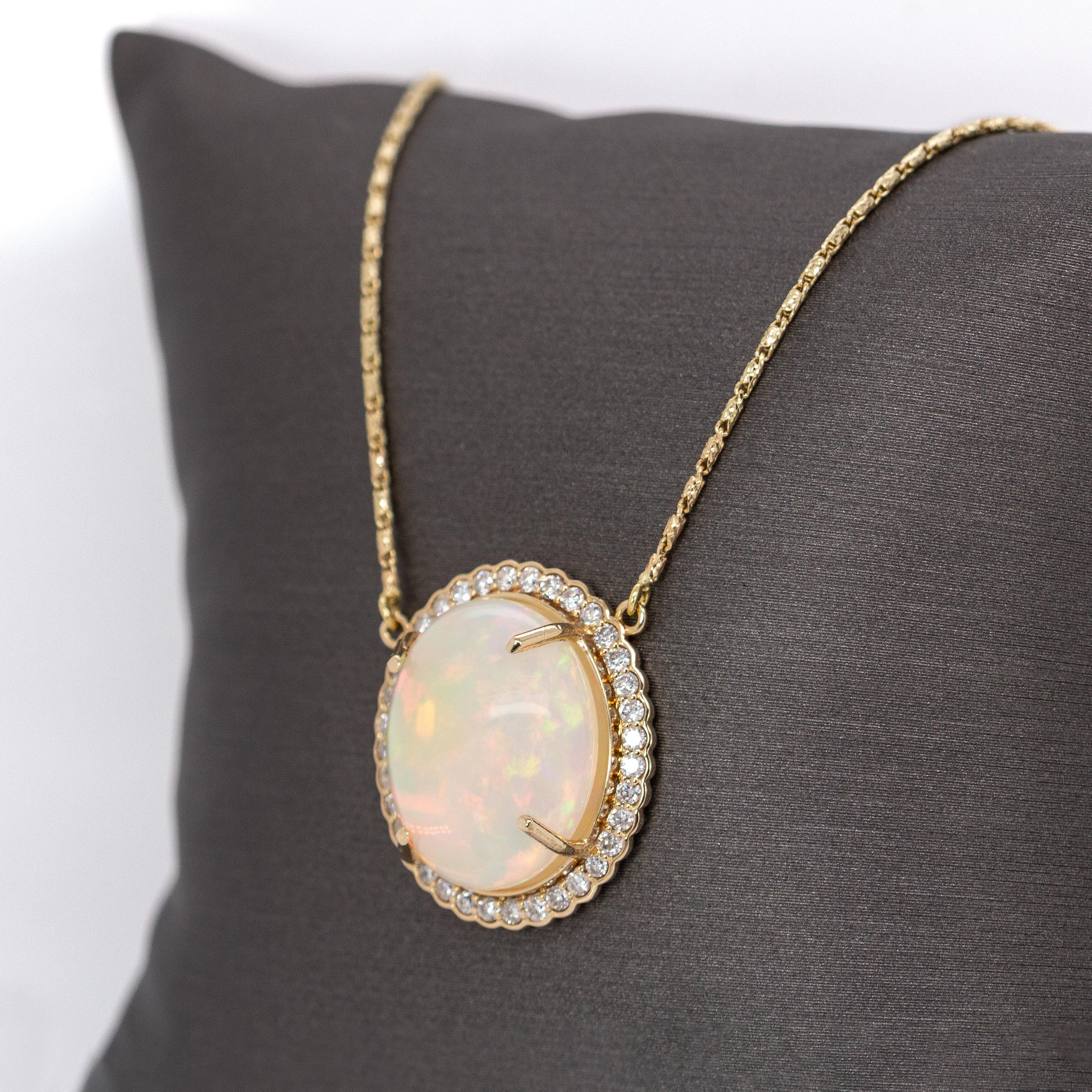 6.36cts Ethiopian Opal Pendant with Natural Diamonds Halo in 14K Solid Gold In New Condition For Sale In Columbus, OH