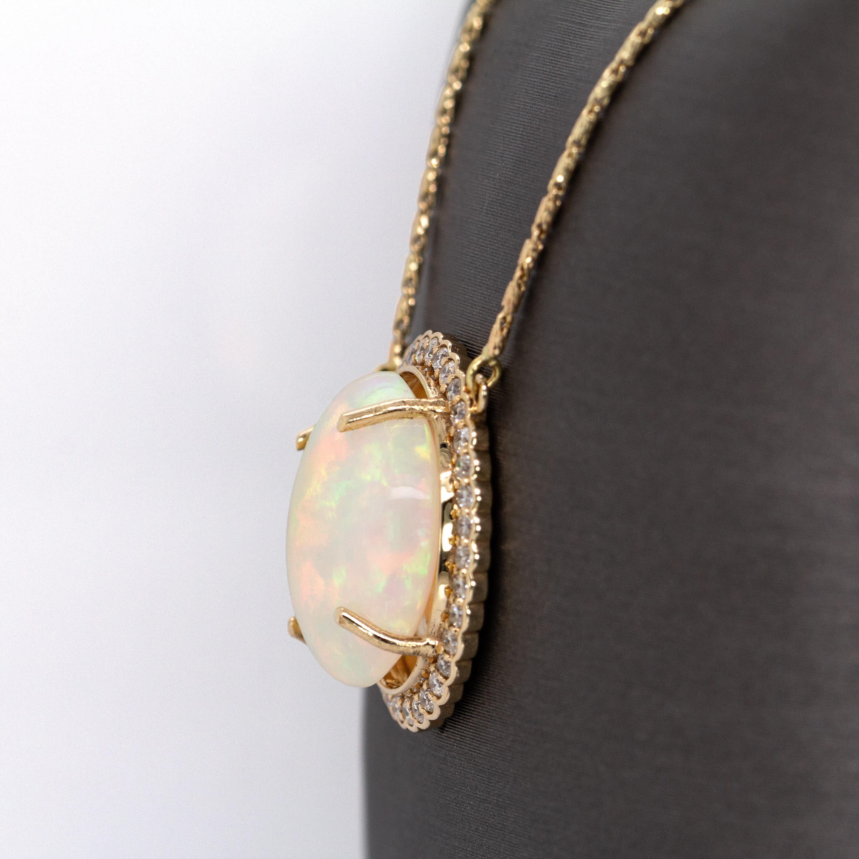 Women's 6.36cts Ethiopian Opal Pendant with Natural Diamonds Halo in 14K Solid Gold For Sale