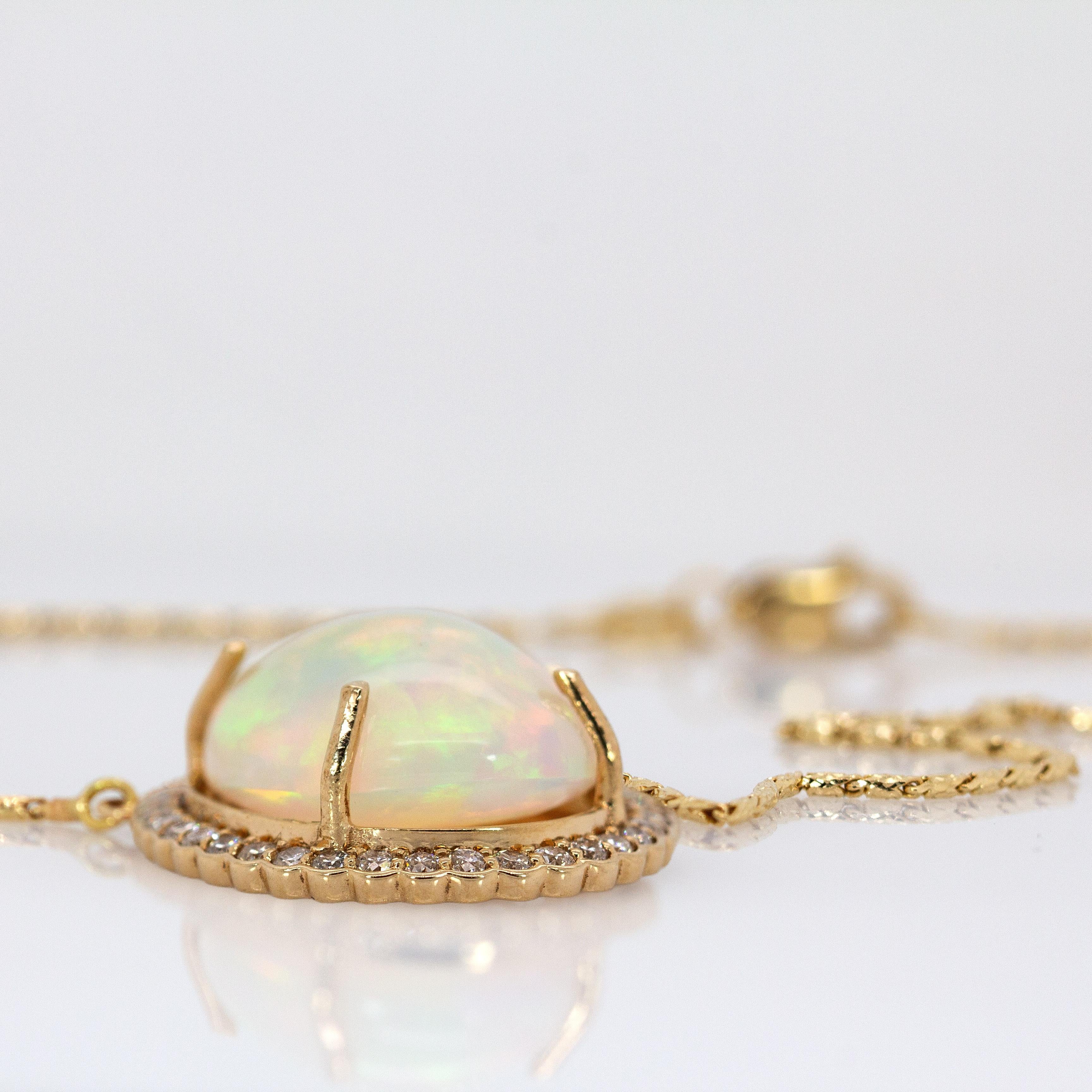 6.36cts Ethiopian Opal Pendant with Natural Diamonds Halo in 14K Solid Gold For Sale 1