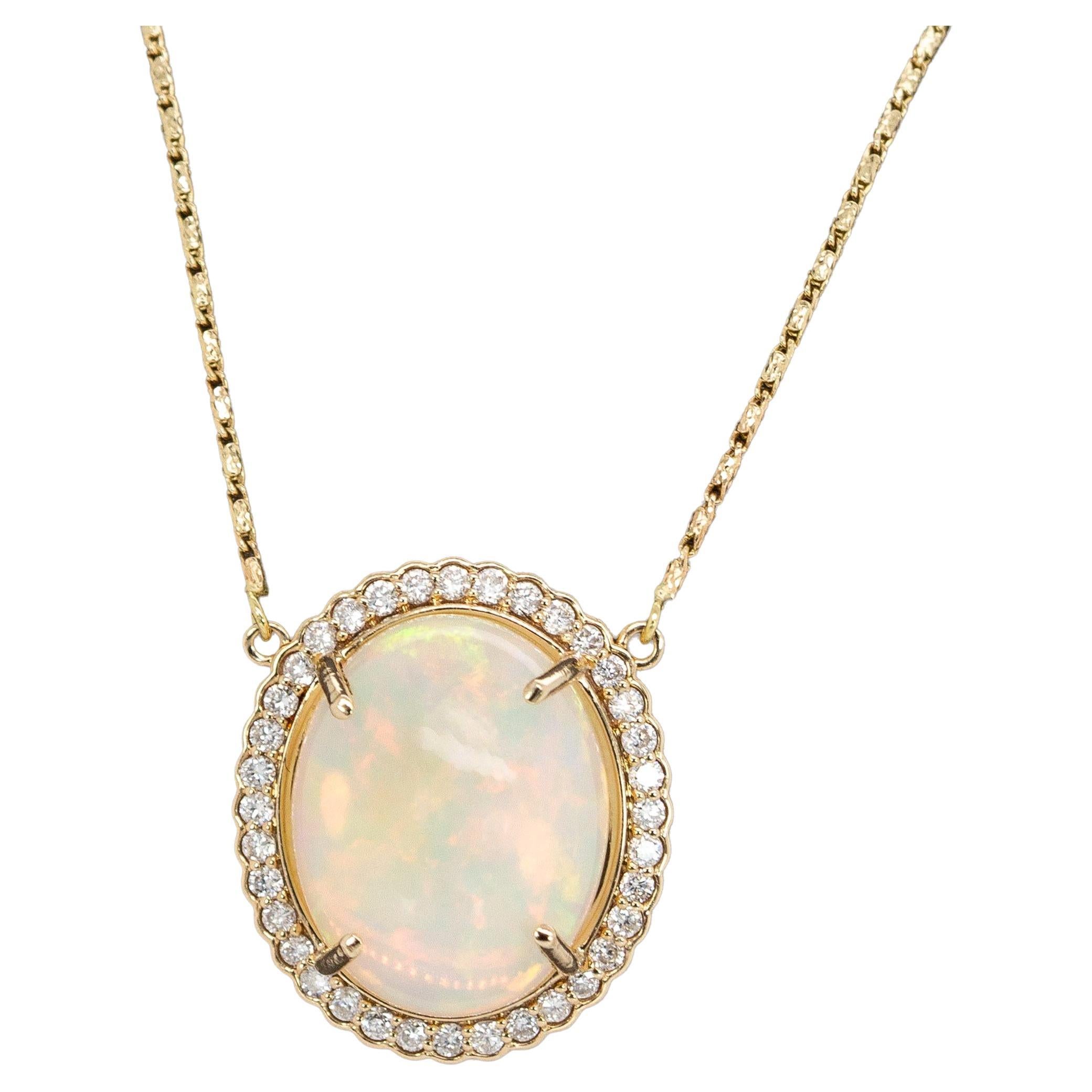 6.36cts Ethiopian Opal Pendant with Natural Diamonds Halo in 14K Solid Gold