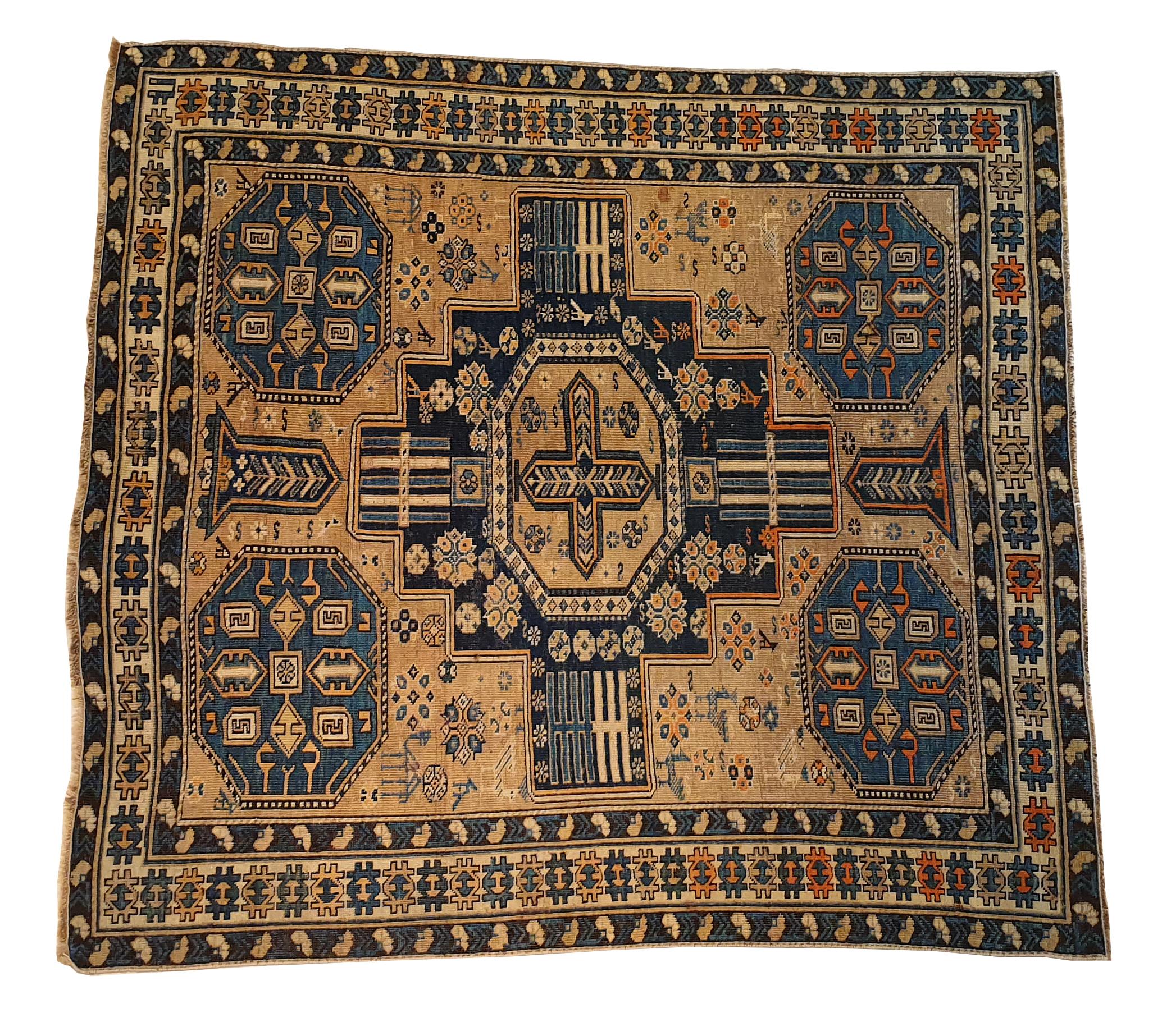 637 - beautiful antique Caucasian carpet with a nice design and beautiful colors, fully and finely hand knotted with wool pile on a wool foundation.