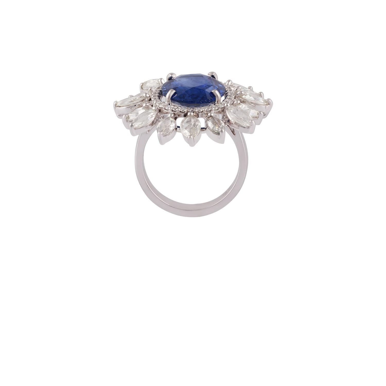 Contemporary 6.37 Carat Blue Sapphire & Diamond Ring Studded in 18k Gold