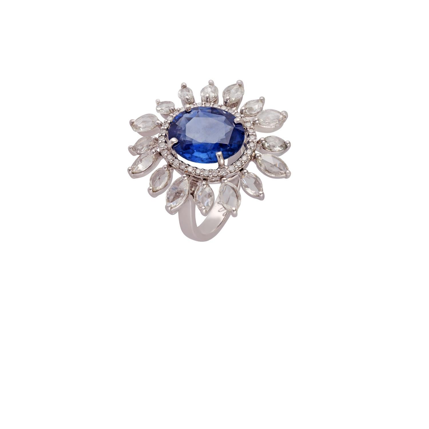 Oval Cut 6.37 Carat Blue Sapphire & Diamond Ring Studded in 18k Gold