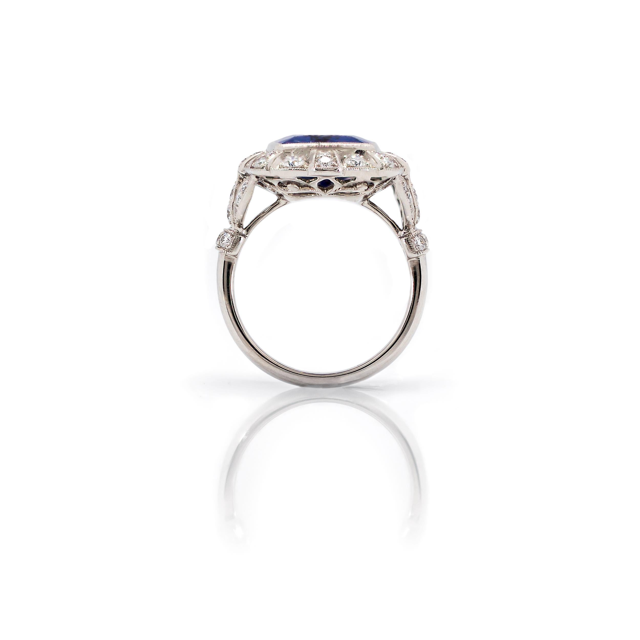 Modern 6.37 Carat Cushion Cut Tanzanite and Diamond Ring Set in Platinum