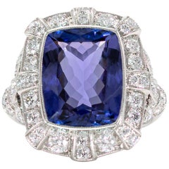 6.37 Carat Cushion Cut Tanzanite and Diamond Ring Set in Platinum