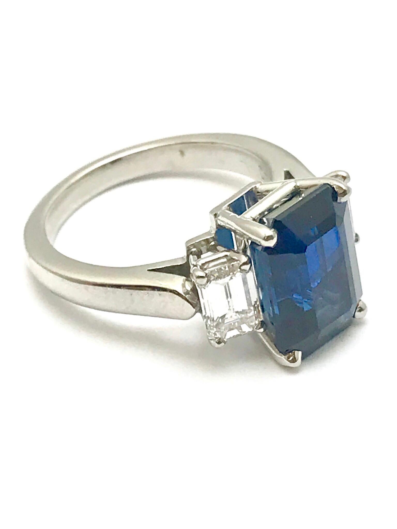 Modern 6.51 Carat Emerald Cut Natural Sapphire and Diamond Platinum Ring