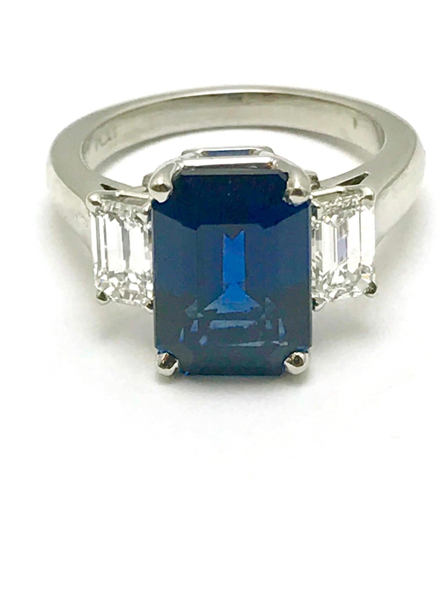 Women's or Men's 6.51 Carat Emerald Cut Natural Sapphire and Diamond Platinum Ring