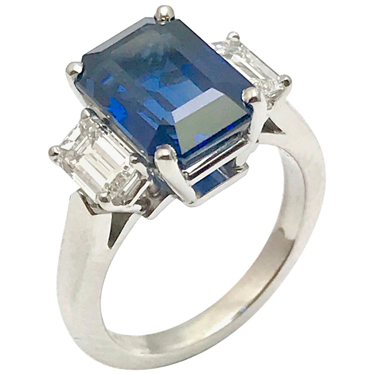 6.51 Carat Emerald Cut Natural Sapphire and Diamond Platinum Ring