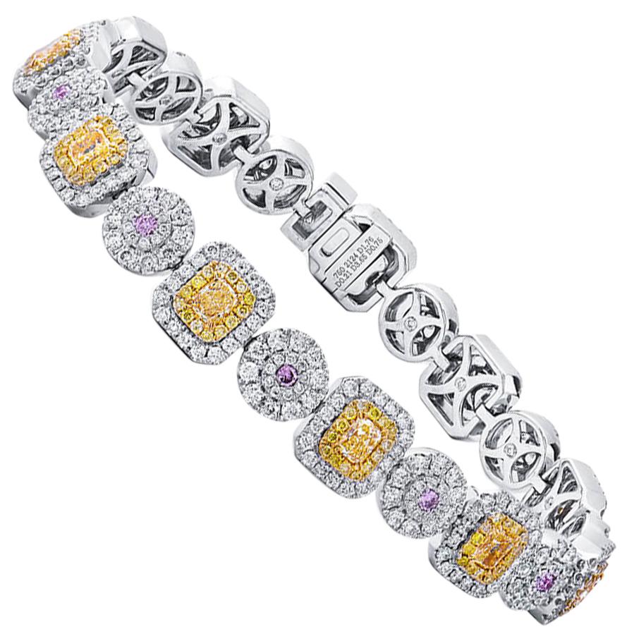 6.37 Carat Natural Untreated Fancy Yellow Pink White Diamond Gold Bracelet For Sale