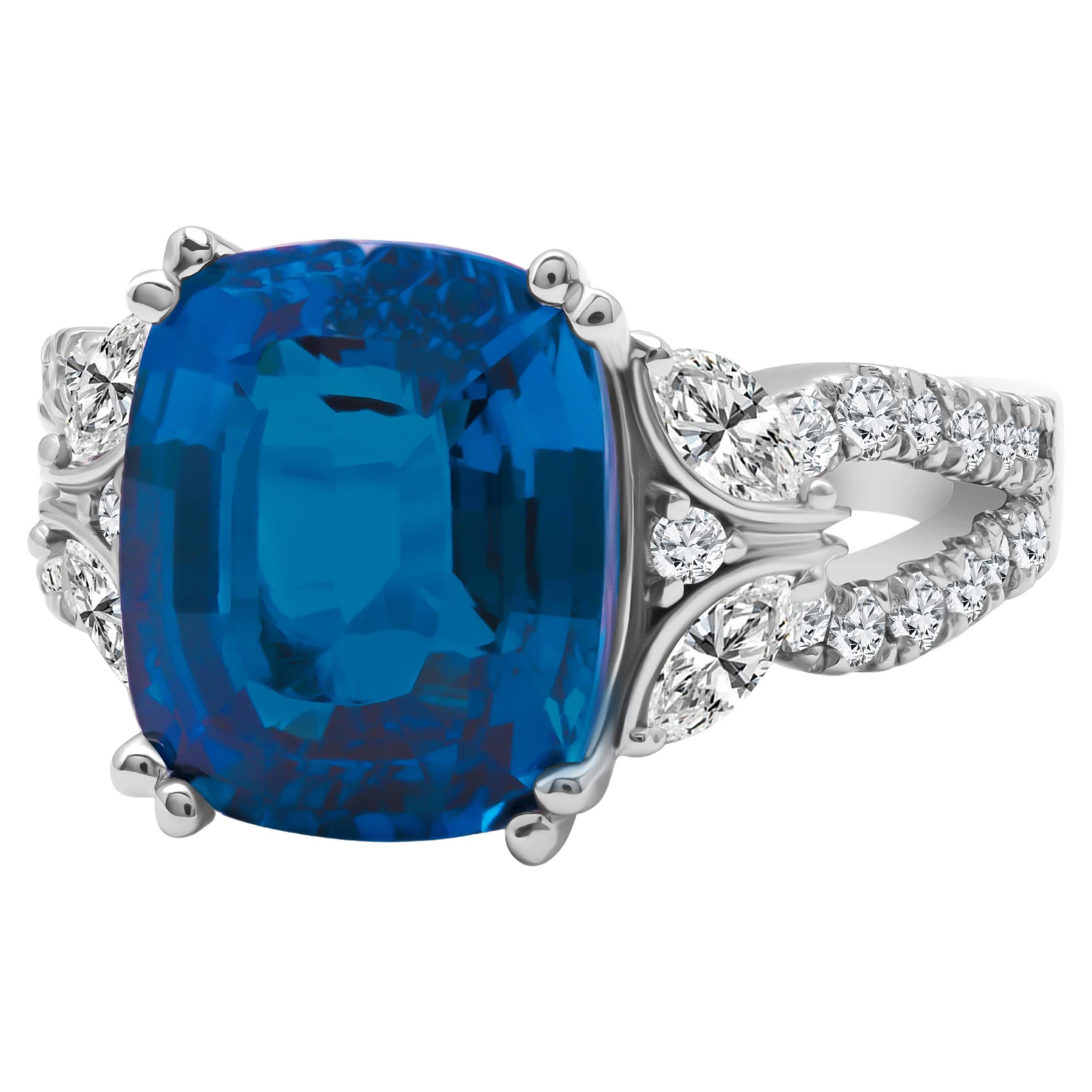 6.37 Carat Oval Cut London Blue Topaz and 0.78 Carat Diamond Ring ref1509 For Sale