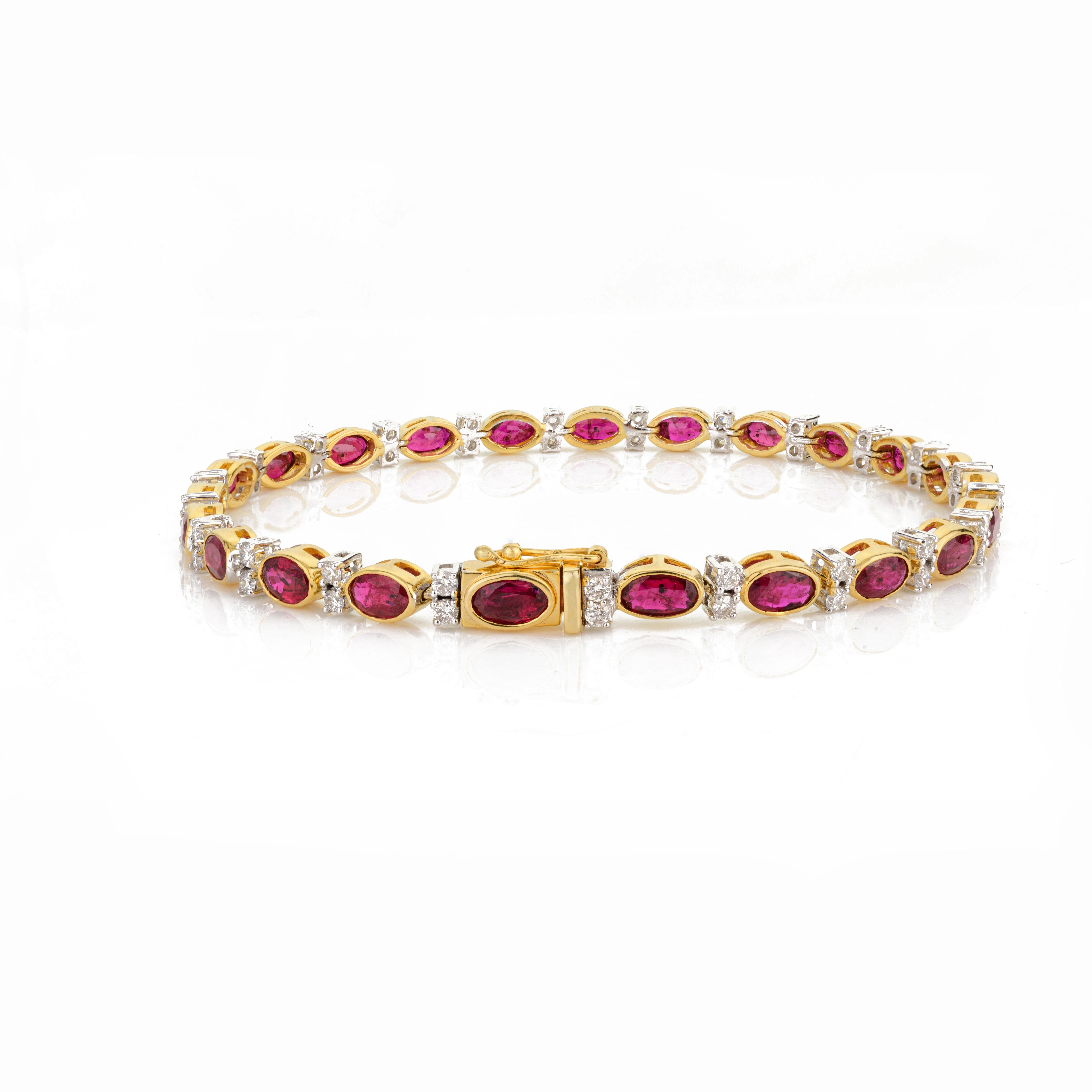 Art Deco 6.37 Carat Red Ruby Diamond Tennis Bracelet Set in 18k Yellow Gold Grandma Gift For Sale