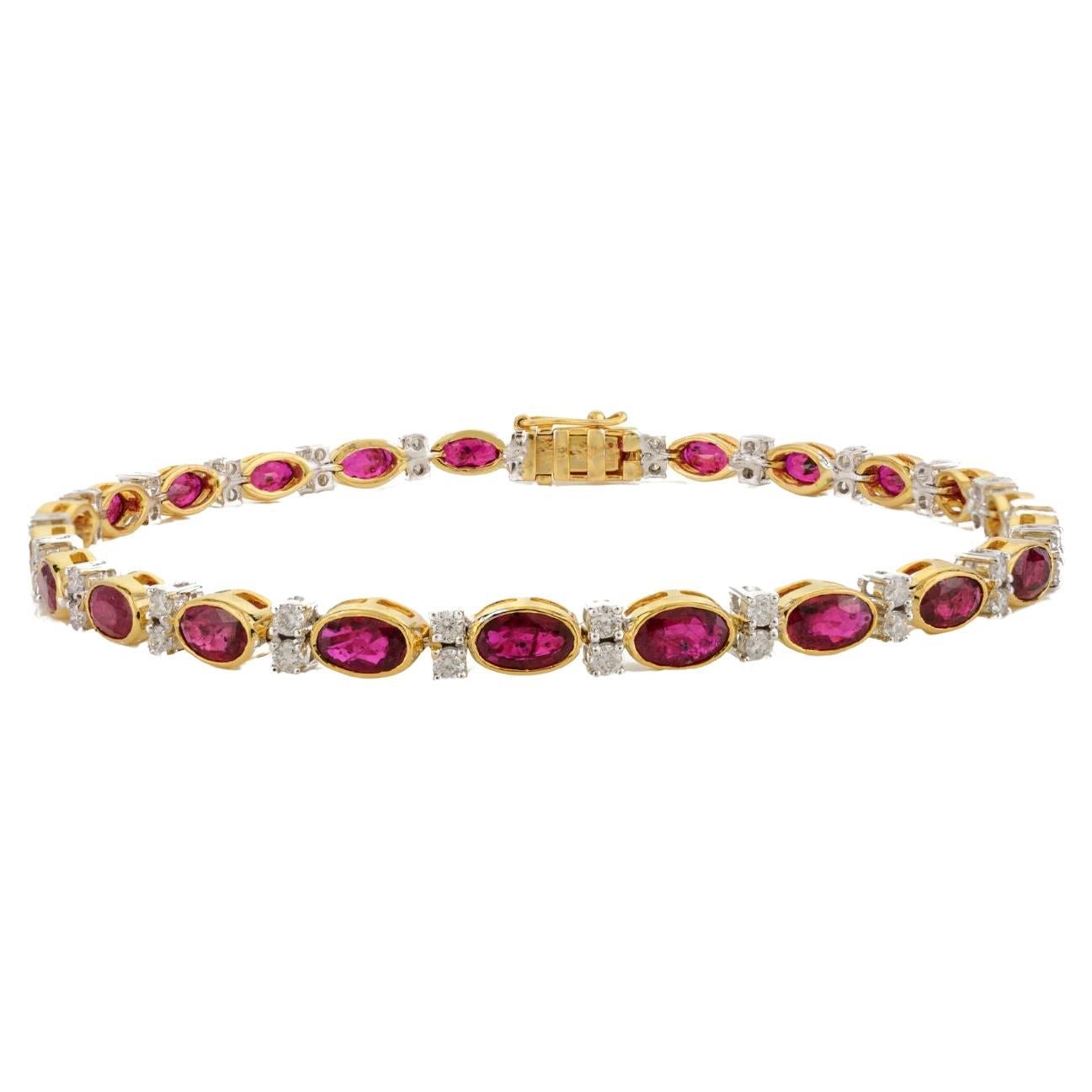 6.37 Carat Red Ruby Diamond Tennis Bracelet Set in 18k Yellow Gold Grandma Gift For Sale