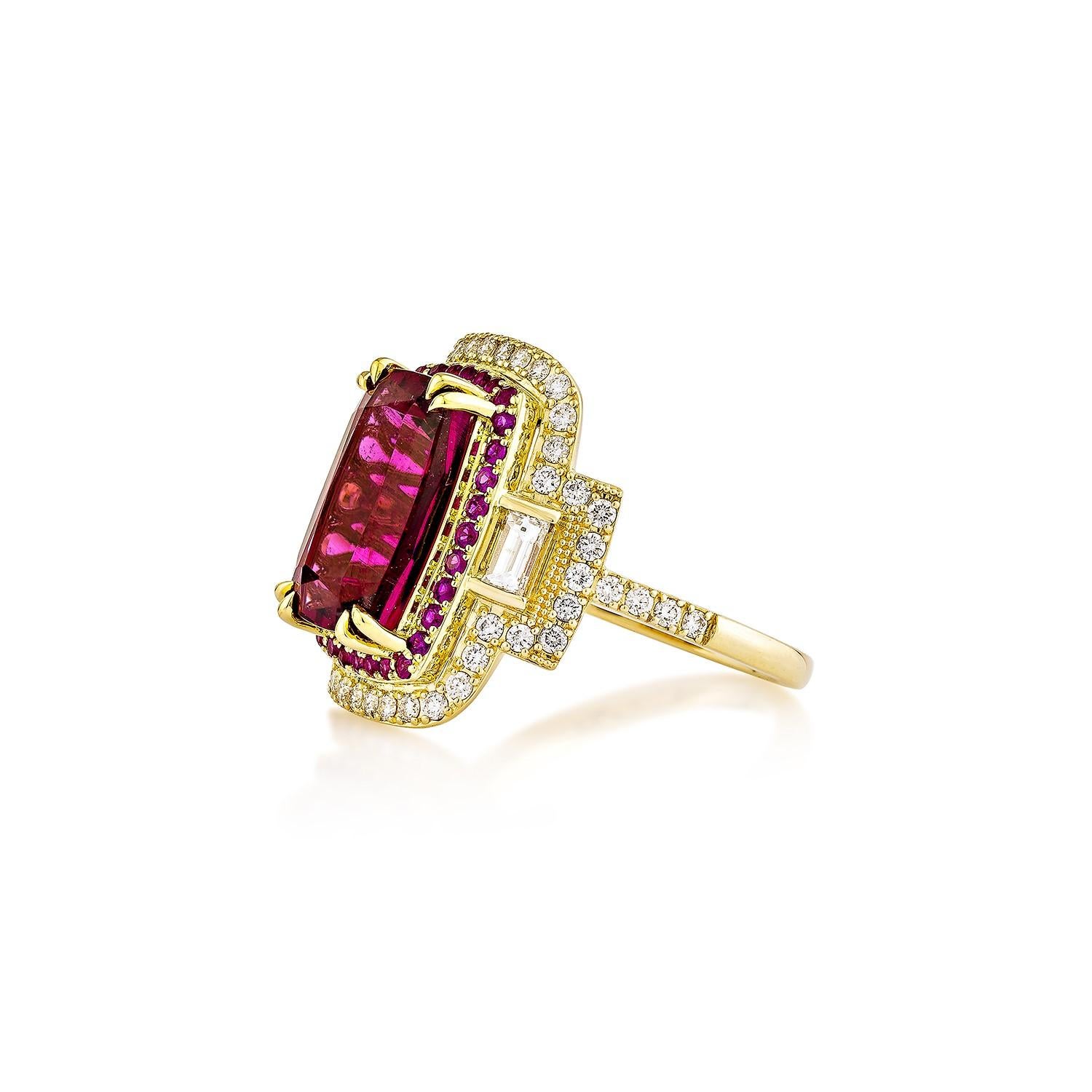 Cushion Cut 6.37 Carat Rubellite Cocktail Ring in 18Karat Yellow Gold with Ruby and Diamond. For Sale