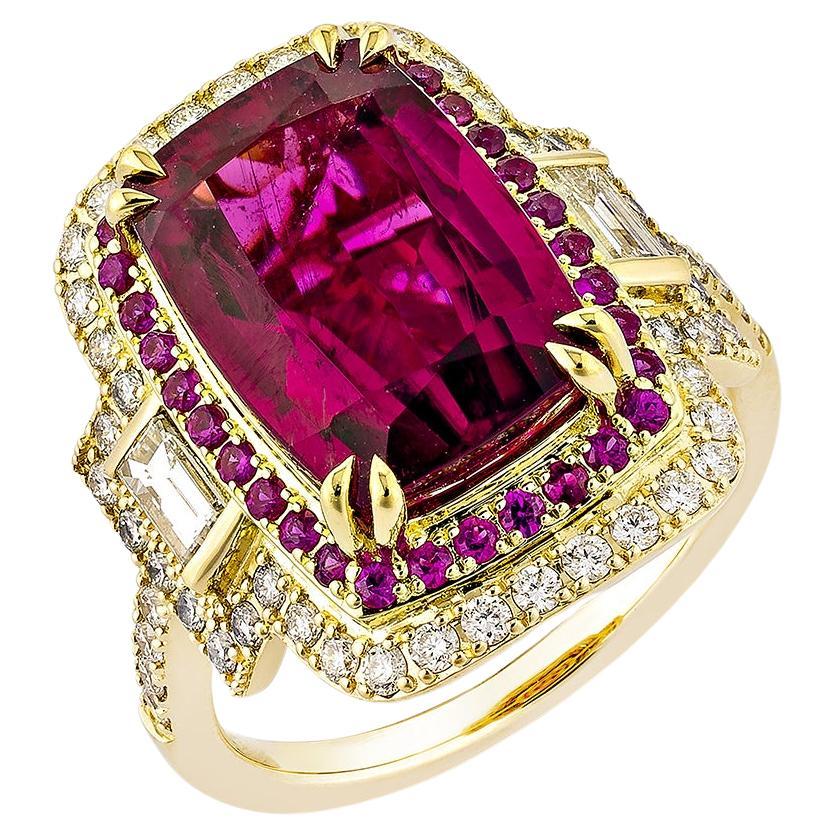 6.37 Carat Rubellite Cocktail Ring in 18Karat Yellow Gold with Ruby and Diamond. For Sale