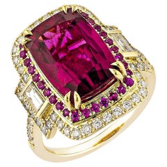 6.37 Carat Rubellite Cocktail Ring in 18Karat Yellow Gold with Ruby and Diamond.