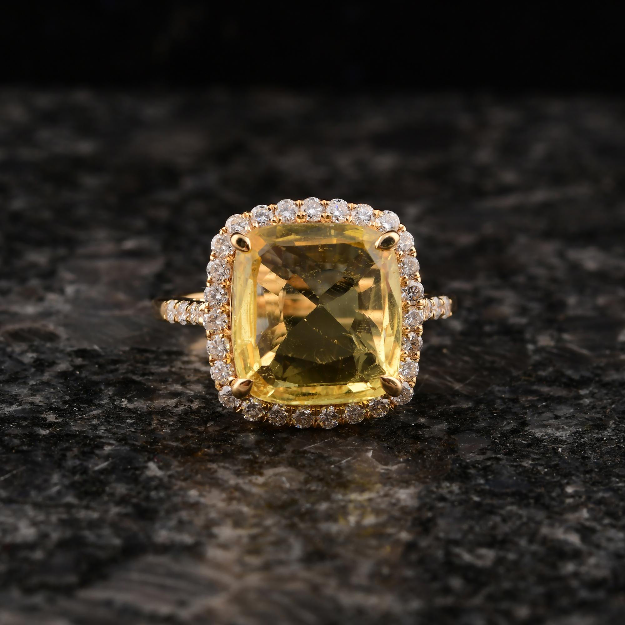 Modern 6.37 Carat Yellow Sapphire Gemstone Ring 0.63 Carat Diamond 14 Karat Yellow Gold For Sale