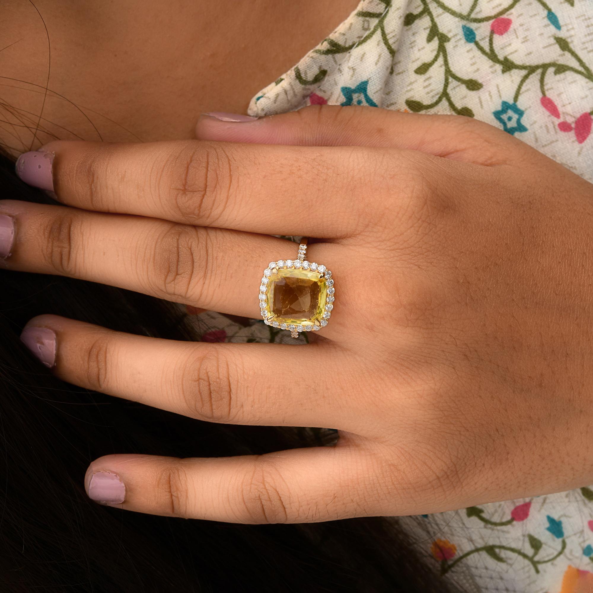 Cushion Cut 6.37 Carat Yellow Sapphire Gemstone Ring 0.63 Carat Diamond 18 Karat Yellow Gold For Sale