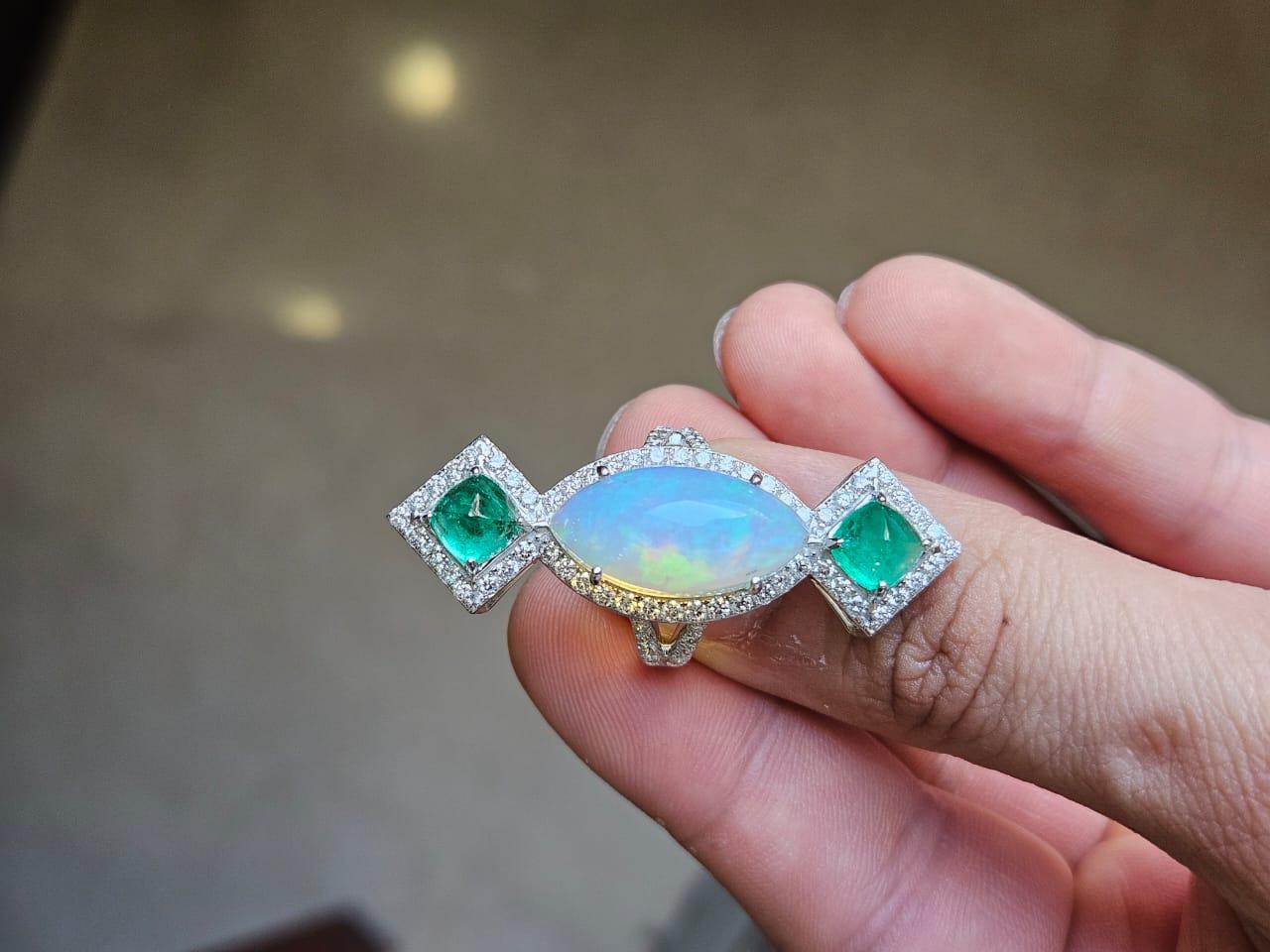 Art Deco 6.37 carats Ethiopian Opal, Colombian Emerald Sugarloafs & Diamond Cocktail Ring For Sale