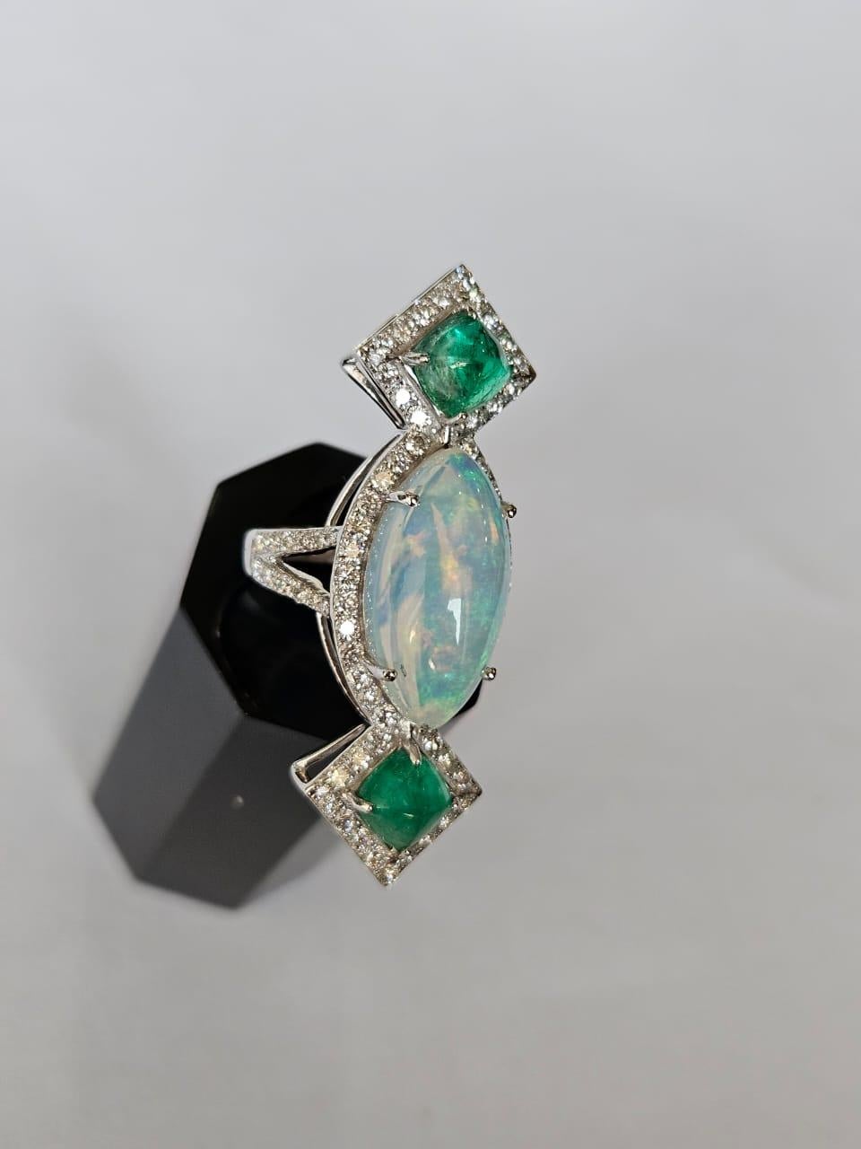 6.37 carats Ethiopian Opal, Colombian Emerald Sugarloafs & Diamond Cocktail Ring In New Condition For Sale In Hong Kong, HK