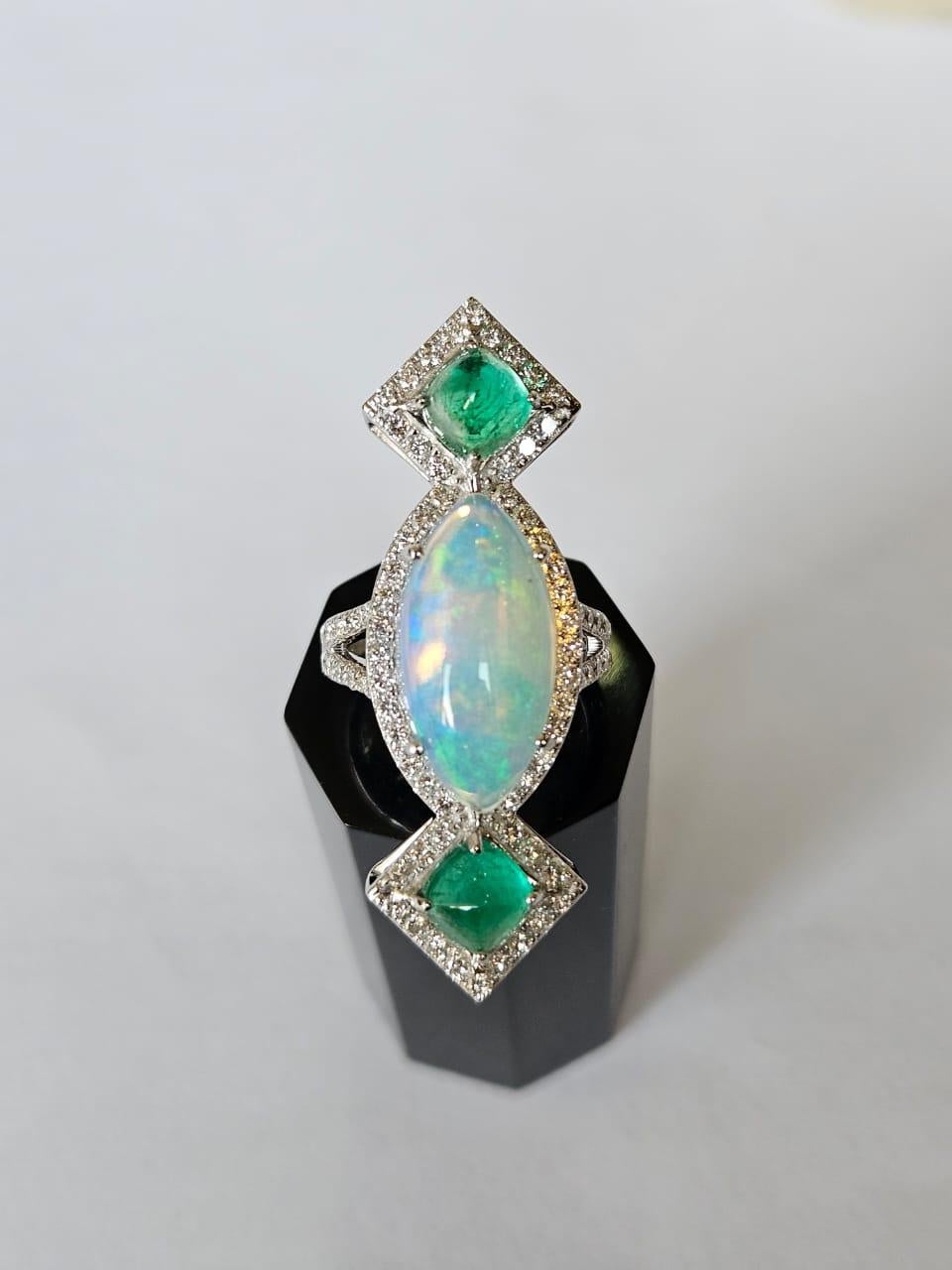 Women's or Men's 6.37 carats Ethiopian Opal, Colombian Emerald Sugarloafs & Diamond Cocktail Ring For Sale