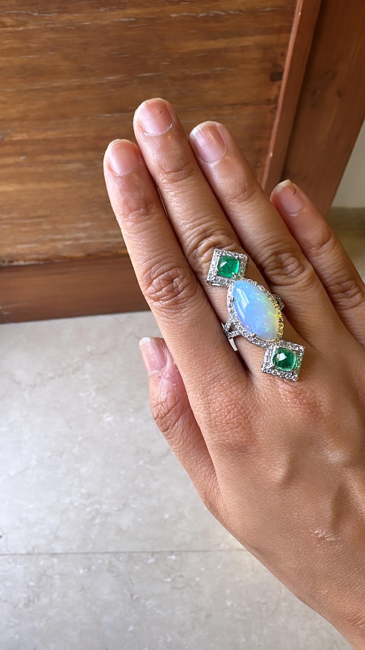 6.37 carats Ethiopian Opal, Colombian Emerald Sugarloafs & Diamond Cocktail Ring For Sale 1