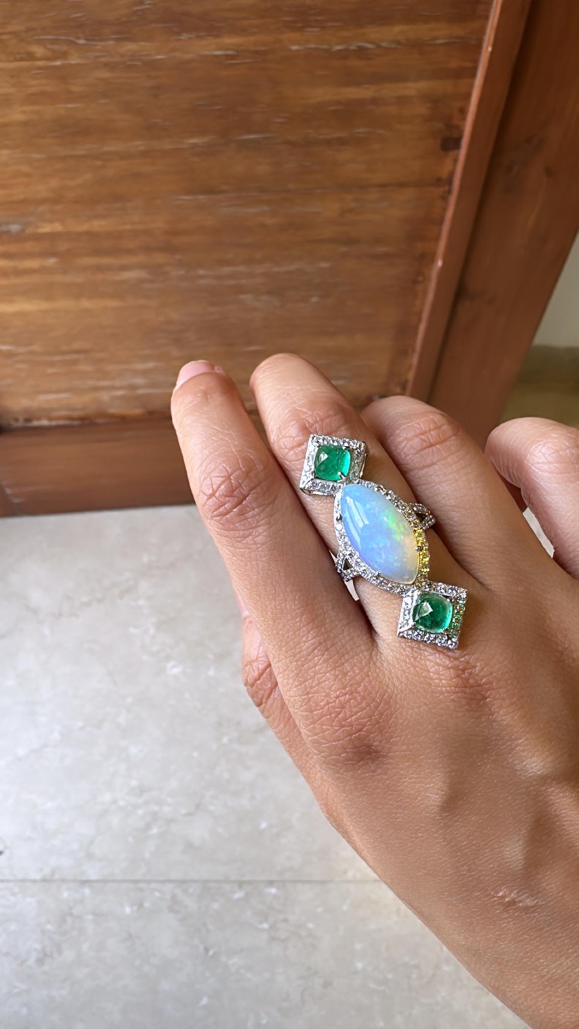 6.37 carats Ethiopian Opal, Colombian Emerald Sugarloafs & Diamond Cocktail Ring For Sale 2
