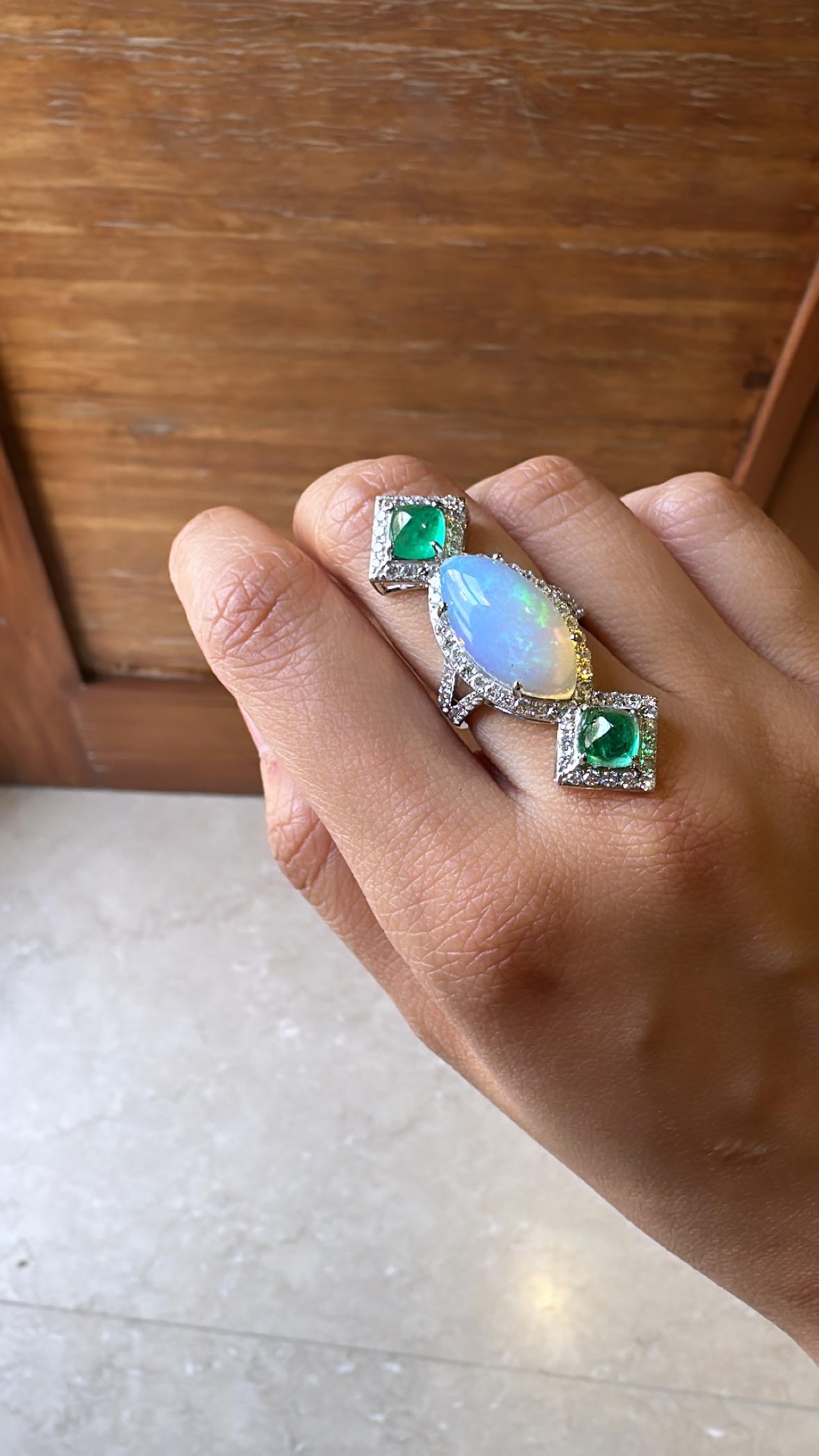 6.37 carats Ethiopian Opal, Colombian Emerald Sugarloafs & Diamond Cocktail Ring For Sale 3
