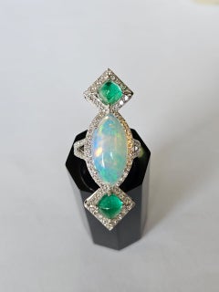6.37 carats Ethiopian Opal, Colombian Emerald Sugarloafs & Diamond Cocktail Ring