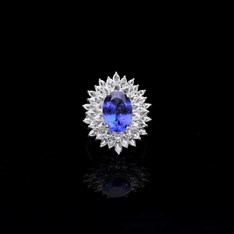 Oval Cut 6.37 carats Oval Tanzanite 3.67 carats diamonds 18K White Gold Ring For Sale