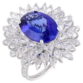 6.37 carats Oval Tanzanite 3.67 carats diamonds 18K White Gold Ring