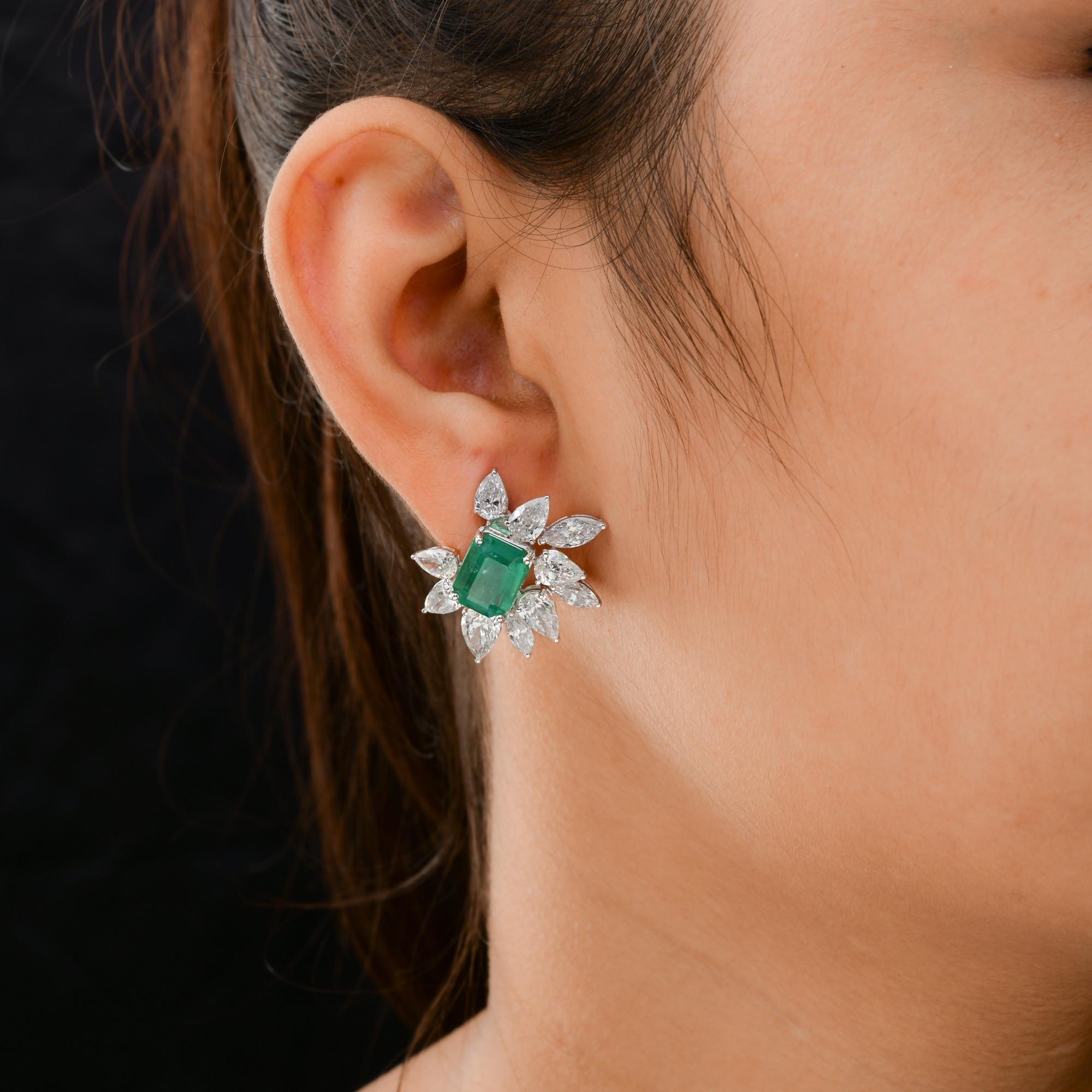 6,37 Karat sambischer Smaragd 7,7 Karat Diamant Feine Ohrringe 10 Karat Weißgold (Achteckschliff) im Angebot