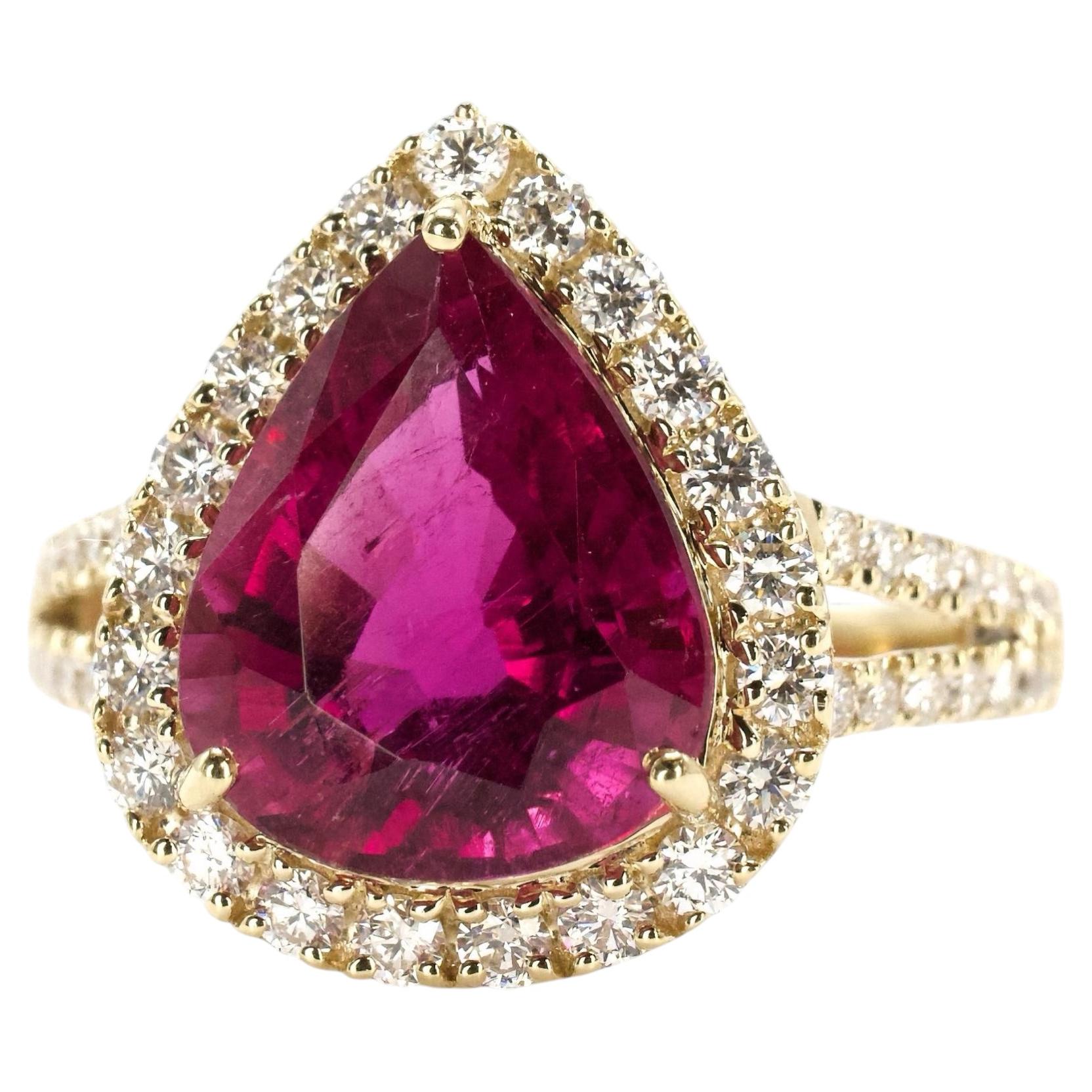 6.37 ct Pear Cut Rubellite Tourmaline Ring with Diamond Halo and Split Shank