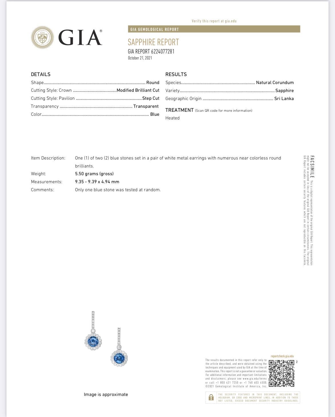 Modern 6.37 carats, Ceylon round blue Sapphire platinum earrings. GIA certified. For Sale