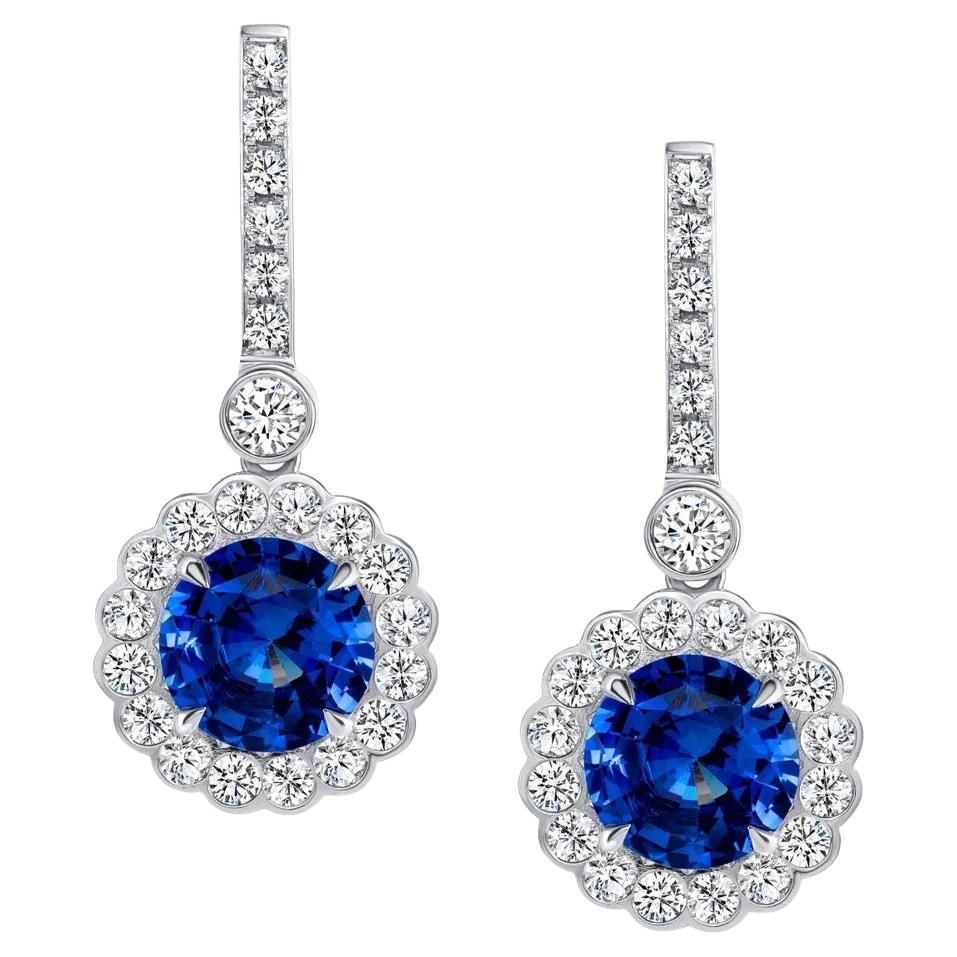 6.37 carats, Ceylon round blue Sapphire platinum earrings. GIA certified. For Sale