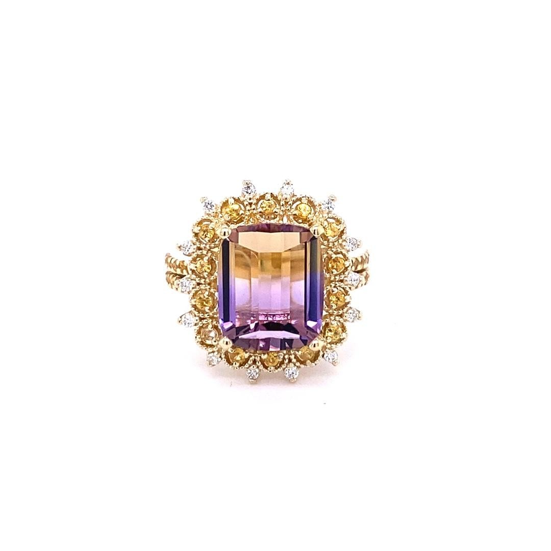 Contemporary 6.38 Carat Ametrine Yellow Sapphire Diamond Yellow Gold Cocktail Ring For Sale