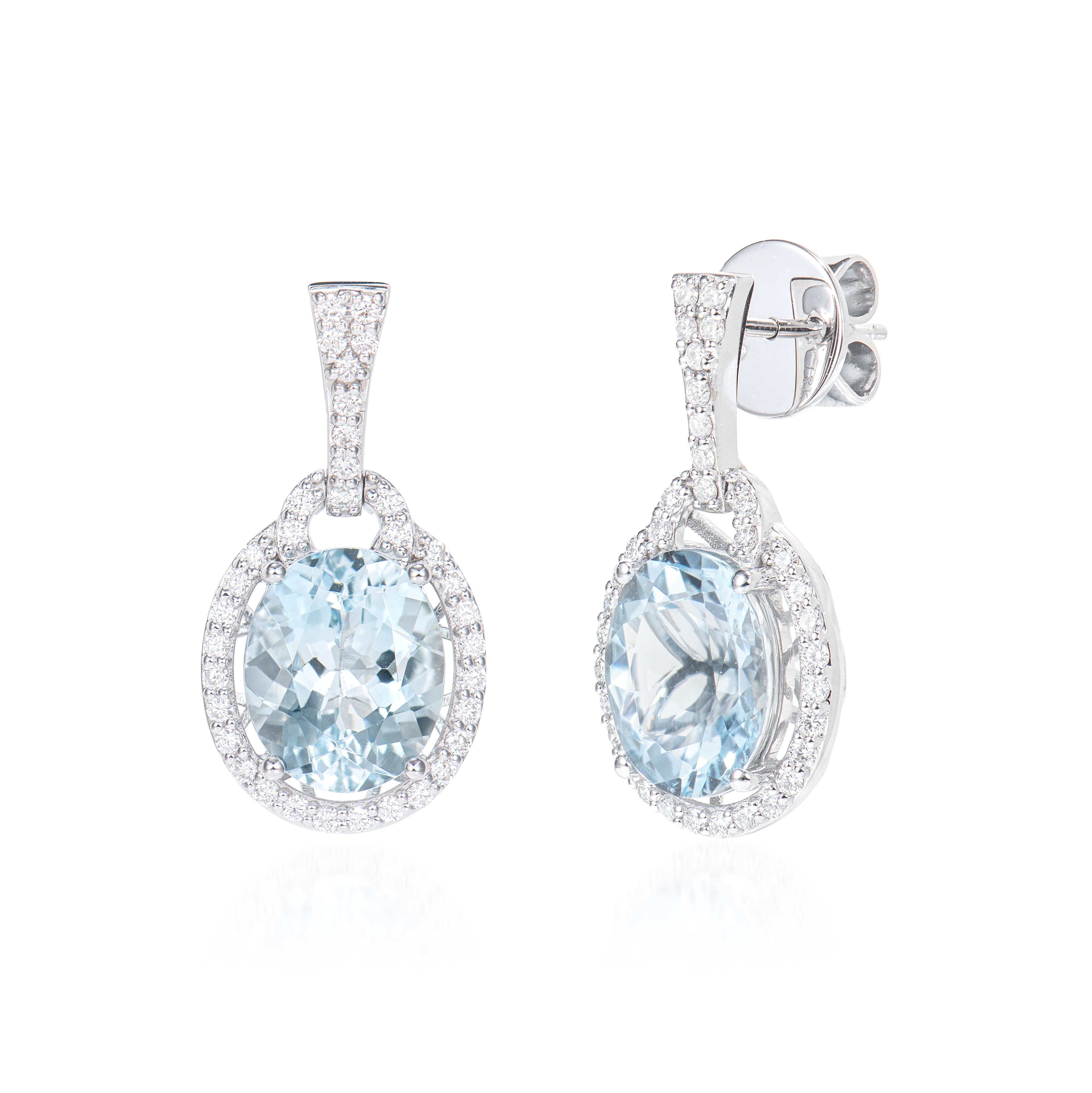 Oval Cut 6.38 Carat Aquamarine Drop Earrings in 18Karat White Gold with Diamond For Sale